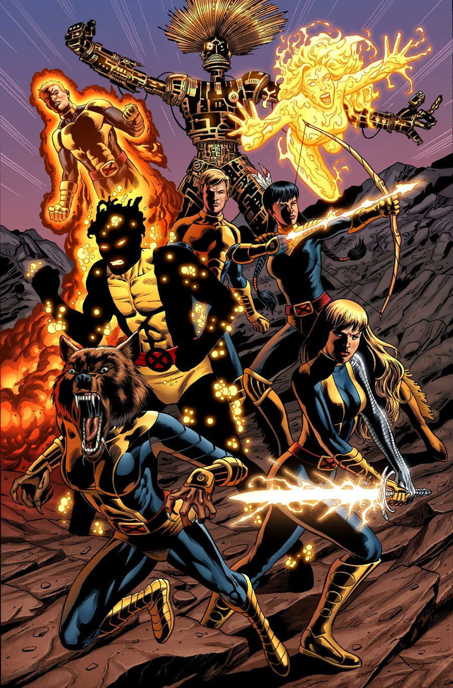 New Mutants 桌布 壁紙 — 一幅動感漫畫插圖，描繪X-Men角色在岩石地形上擺出動作姿勢，並帶有火焰能量效果。