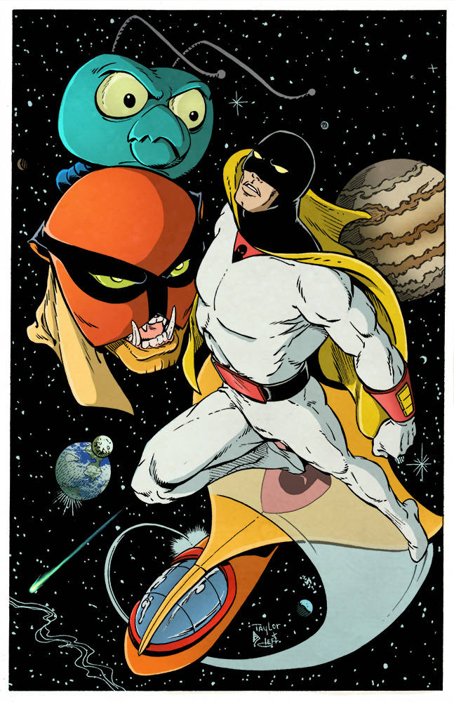 Space Ghost 桌布 壁紙 — 一幅動感漫畫插圖，描繪一位身穿黃色斗篷的超級英雄，在佈滿星星和行星的太空背景下與兩名外星敵人戰鬥。