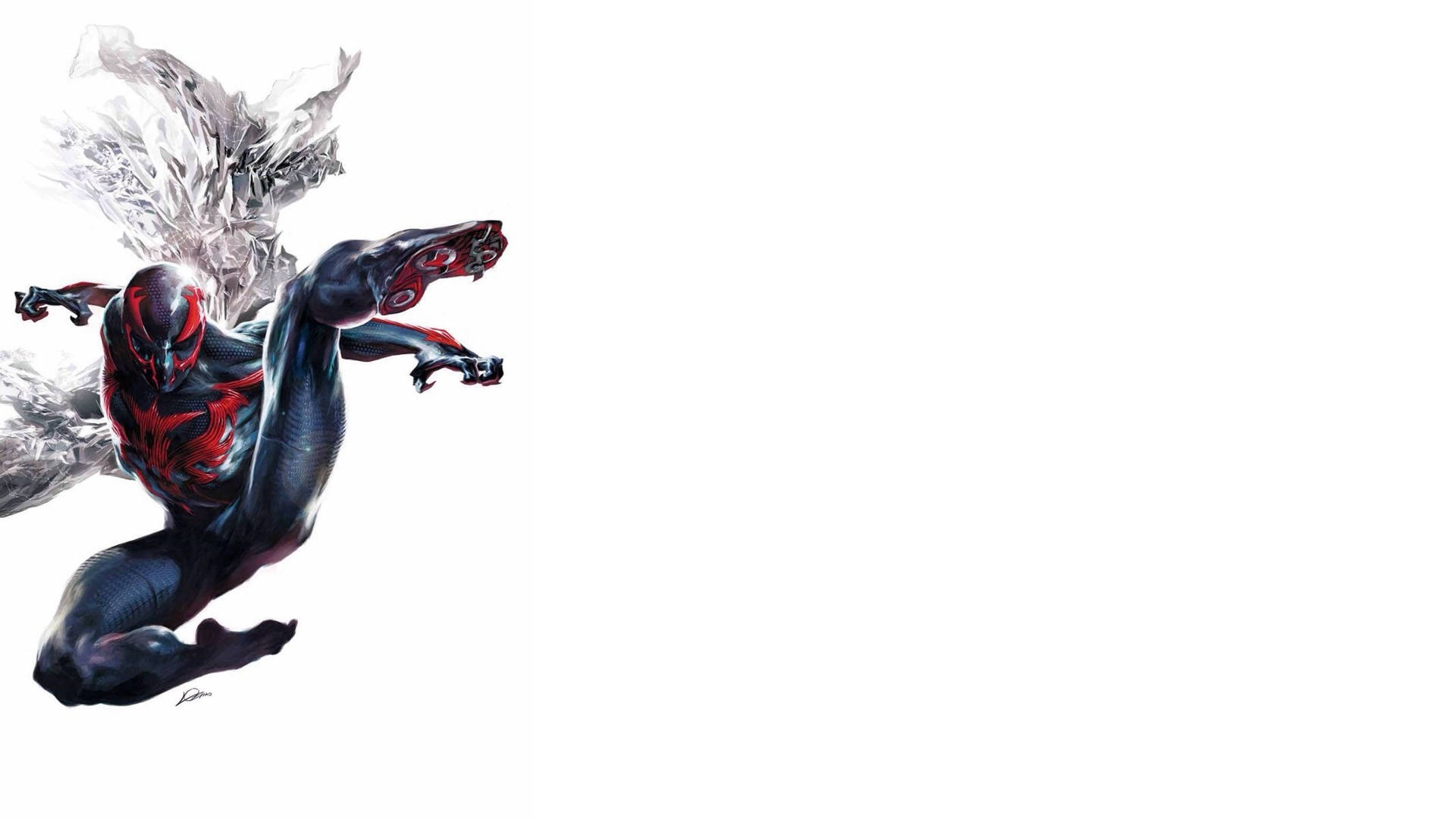 Spider Man 桌布 壁紙 — 一幅動感漫畫插圖，描繪一位身穿黑紅裝甲、擁有水晶翅膀的超級英雄，在純白背景上騰空躍起。
