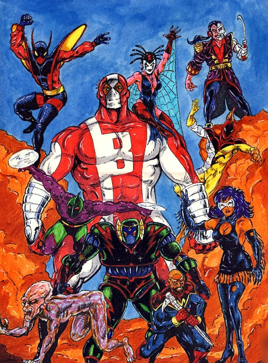 Supervillain Team-up 桌布 壁紙 — 一幅動感漫畫插圖，描繪一個多元化的超級英雄和反派團隊，在熾熱的橙藍色天空下英勇地擺出姿勢。