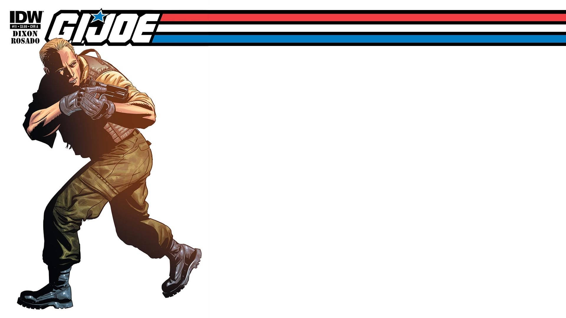 Gi Joe 桌布 壁紙 — 一幅動感漫畫插圖，描繪一名G.I. Joe士兵以戰鬥姿勢持步槍，背景為純白色。
