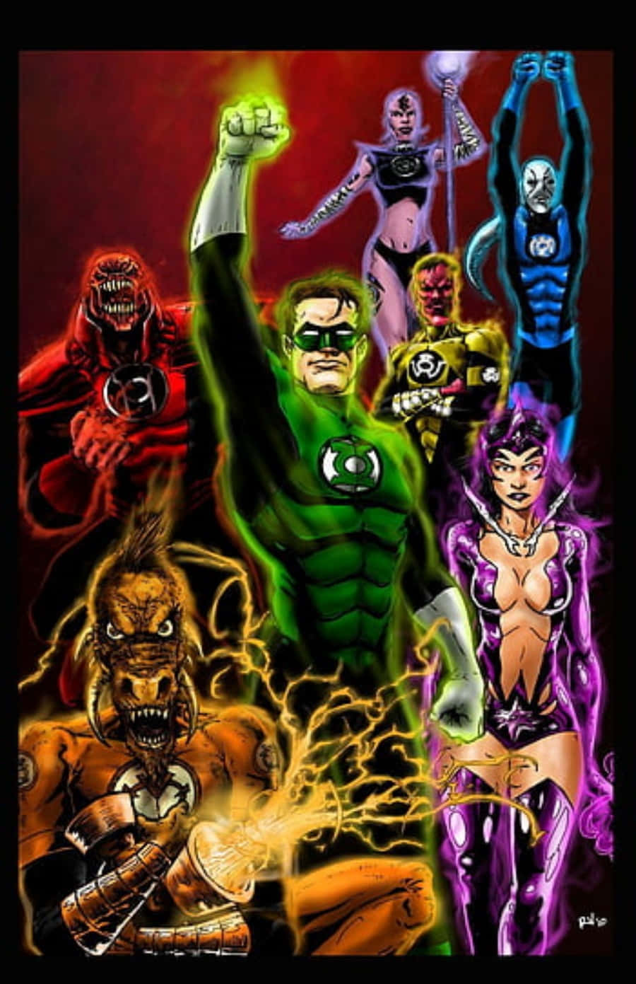 Blackest Night 桌布 壁紙 — 一幅動感漫畫插圖，描繪七位色彩繽紛的燈籠軍團成員以英雄姿態站在熾熱的紅色背景前。