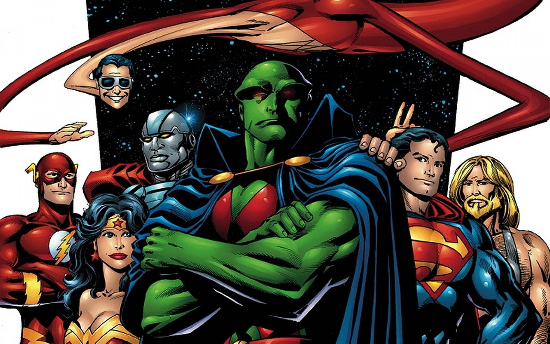 Martian Manhunter 桌布 壁紙 — 一幅動感漫畫插圖，描繪了超人、神力女超人和閃電俠等標誌性超級英雄站在星光璀璨的宇宙背景前。