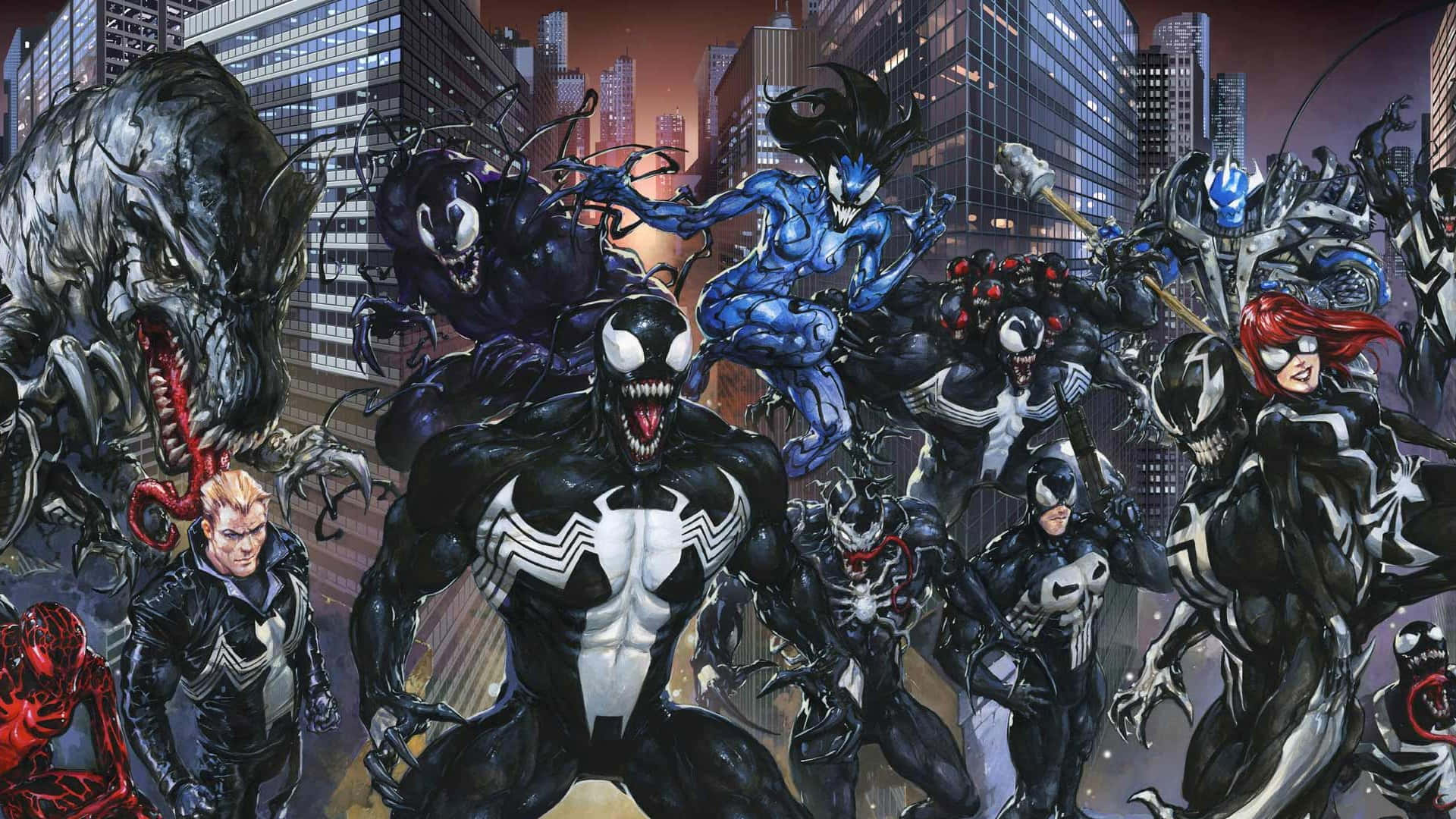 Venomverse 桌布 壁紙 — 一幅動感漫畫插圖，描繪多個猛毒共生體及盟友在暮色城市天際線前擺出威脅姿態。