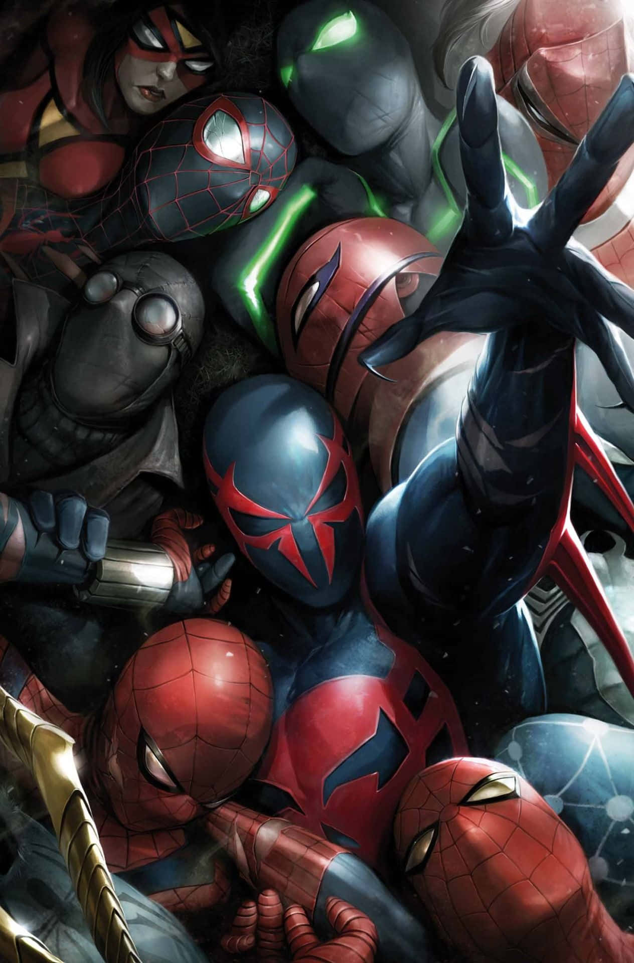 Spider Man 2099 桌布 壁紙 — 一幅動感漫畫插圖，描繪多個身穿紅、藍、黑色戰衣的蜘蛛人變體英雄式地一起擺姿勢。