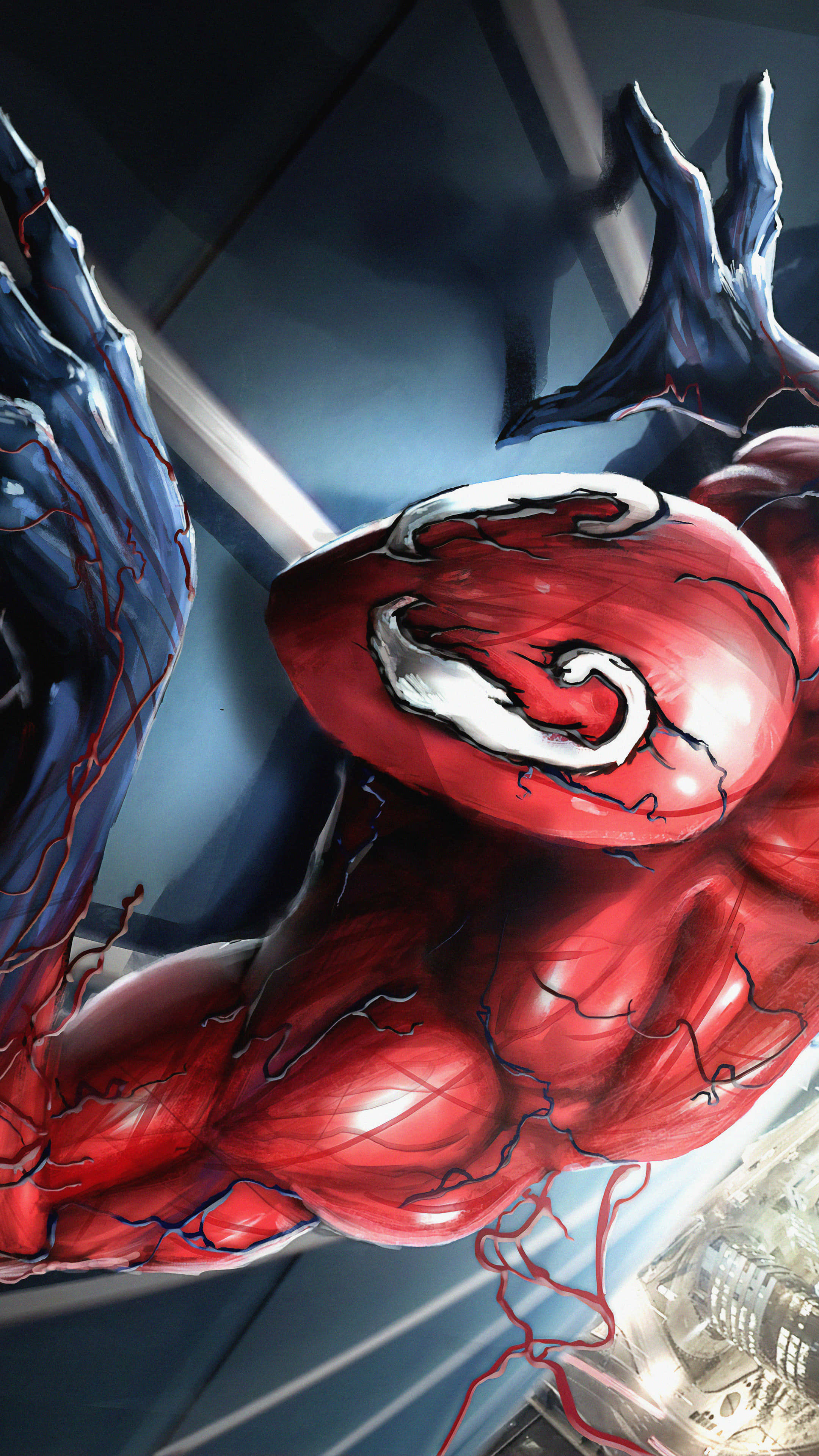 Spider Carnage 桌布 壁紙 — 一幅動感漫畫插圖，描繪紅色共生體猛毒伸出雙手，籠罩在城市天際線上。