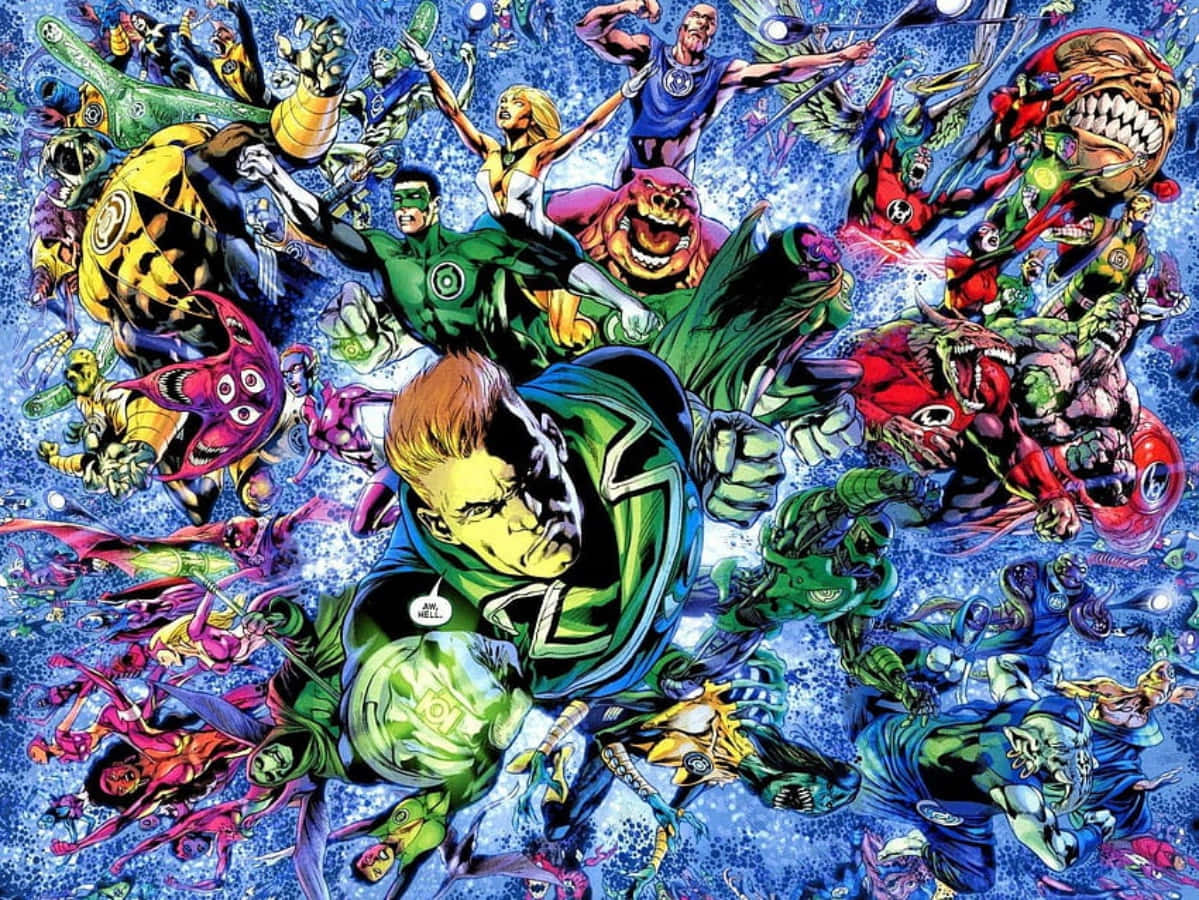 Blackest Night 桌布 壁紙 — 一幅動感漫畫插圖，描繪綠燈俠哈爾·喬丹在太空中被一群混亂多彩的外星角色包圍。