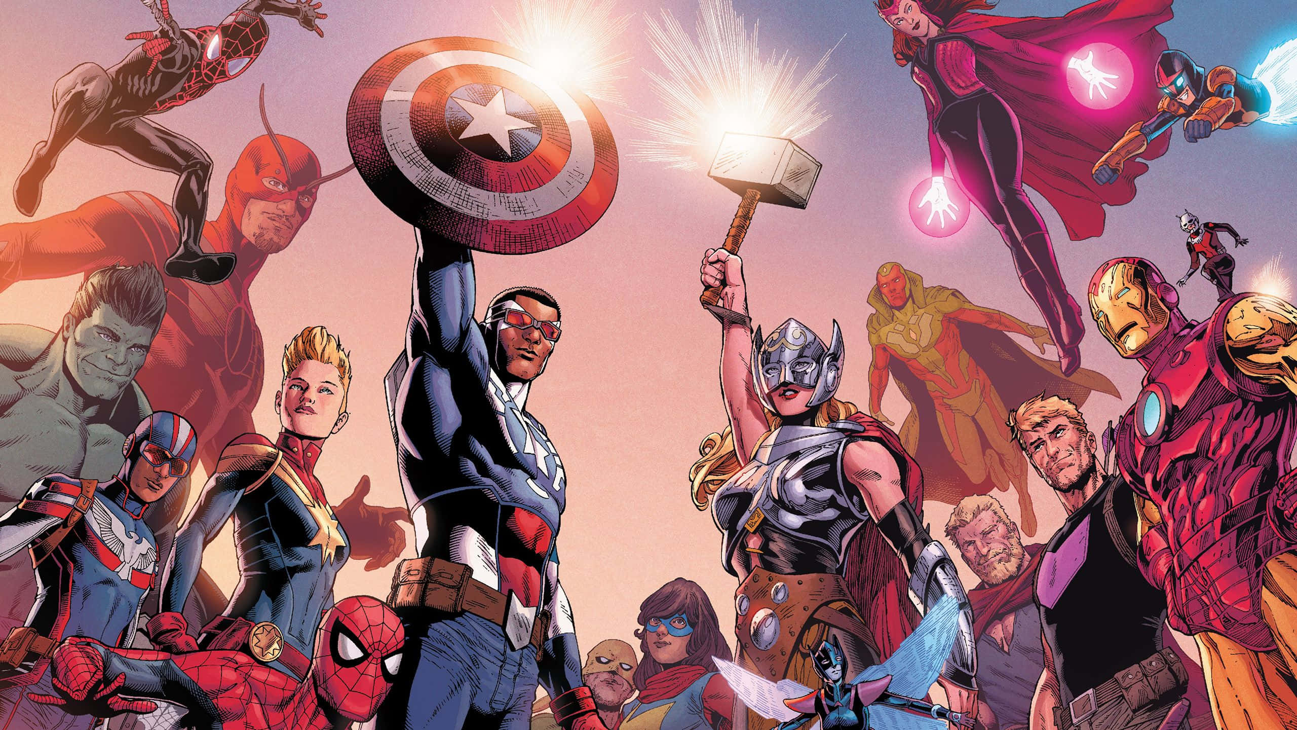 Marvel Comics 2560x1440 桌布 壁紙 — 一幅動感漫畫插圖，描繪美國隊長和索爾等漫威超級英雄在發光的粉紅色天空下英勇擺姿勢。
