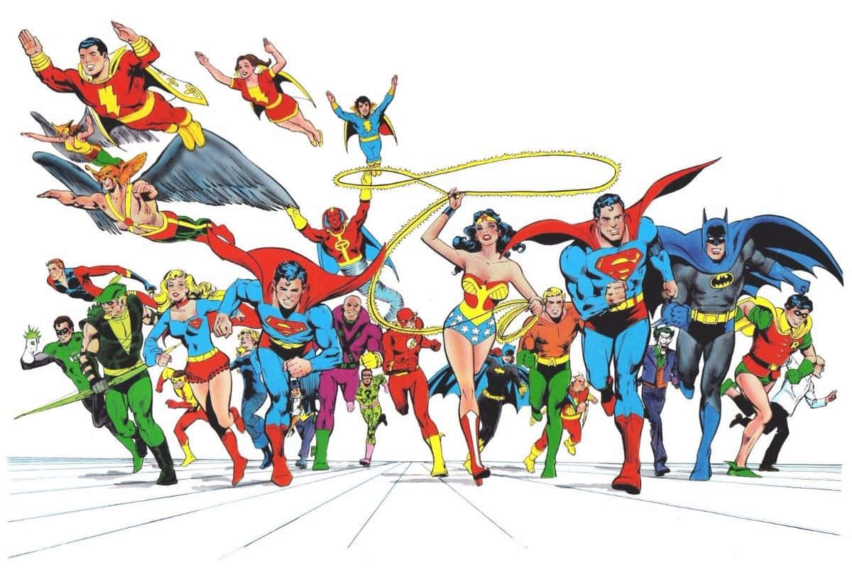 Animated Superhero Movies 桌布 壁紙 — 一幅動感漫畫插圖，描繪超人、神力女超人和蝙蝠俠等標誌性超級英雄在純白背景下英勇擺出姿勢。