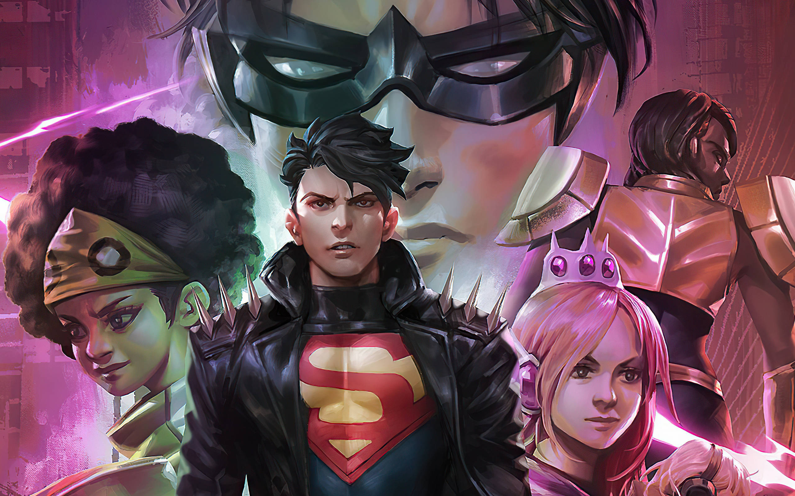 Young Justice 桌布 壁紙 — 一幅動感漫畫插圖，描繪超人穿著帶有尖刺的皮夾克，被各種超級英雄角色包圍，背景是霓虹燈閃爍的城市景觀。