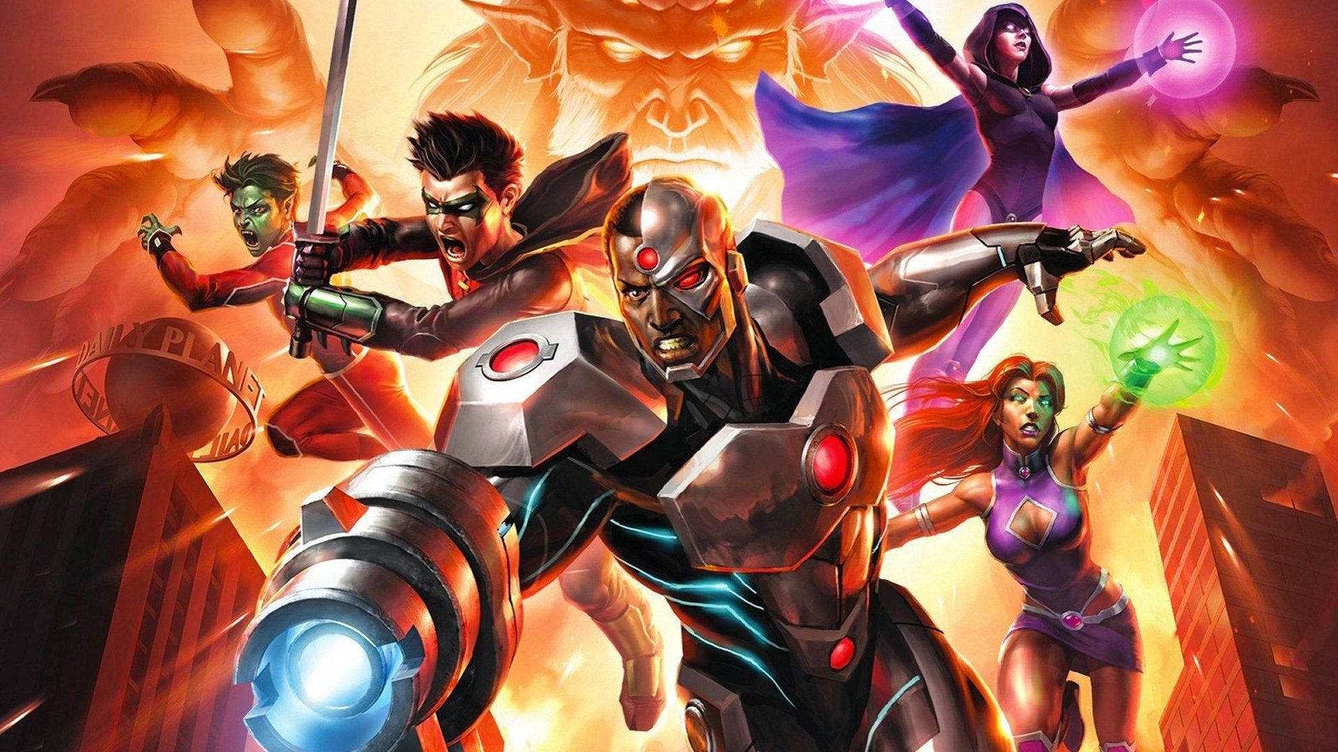 teen titans go 桌布 壁紙 — 一幅動感漫畫插圖，描繪超級英雄團隊泰坦在熾熱的城市戰場上與怪物敵人作戰。