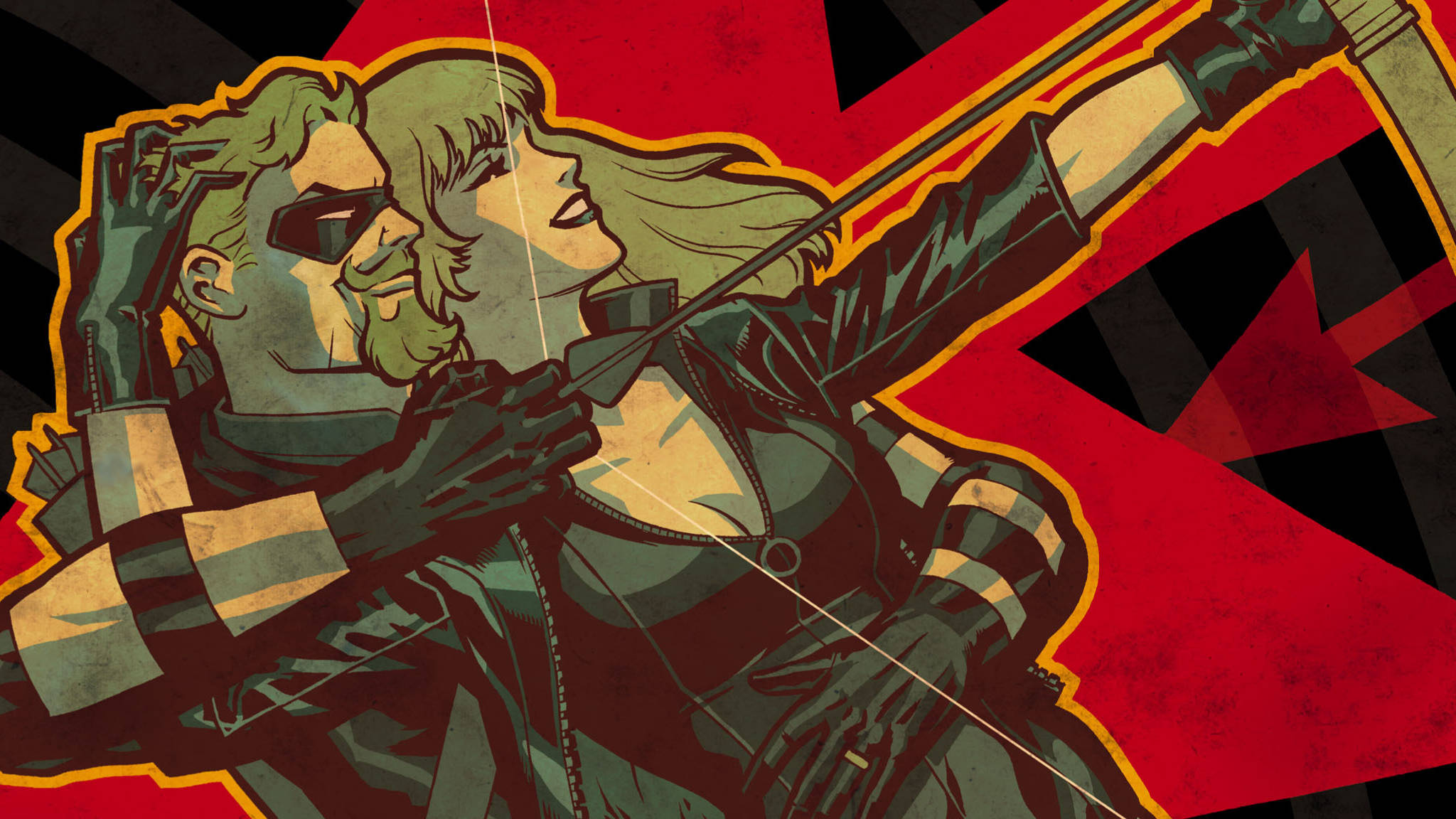 Black Canary 桌布 壁紙 — 一幅動感漫畫風格插圖，描繪一男一女身穿戰術裝備，在鮮明的紅黑幾何背景前瞄準弓箭。