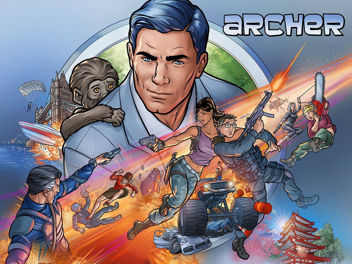 archer 桌布 壁紙 — 一幅動感漫畫風格的插圖，描繪《Archer》電視節目演員在充滿爆炸和標誌性地標的混亂動作場面中。