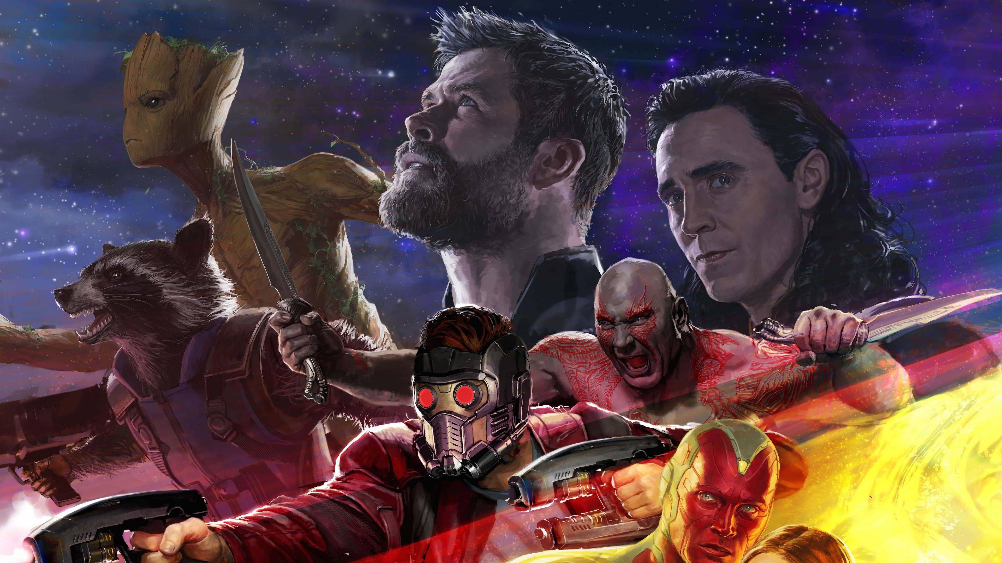 4K Guardians Of The Galaxy 桌布 壁紙 — 一幅動感漫畫風格的插圖，描繪星際異攻隊角色在宇宙星場背景下。