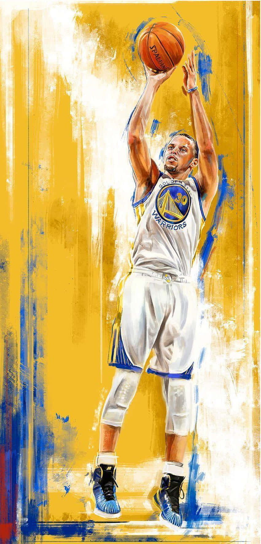桌布 壁紙 — 一幅動感繪畫風格的籃球運動員史蒂芬柯瑞投籃肖像，背景為大膽的黃色和藍色抽象圖案。