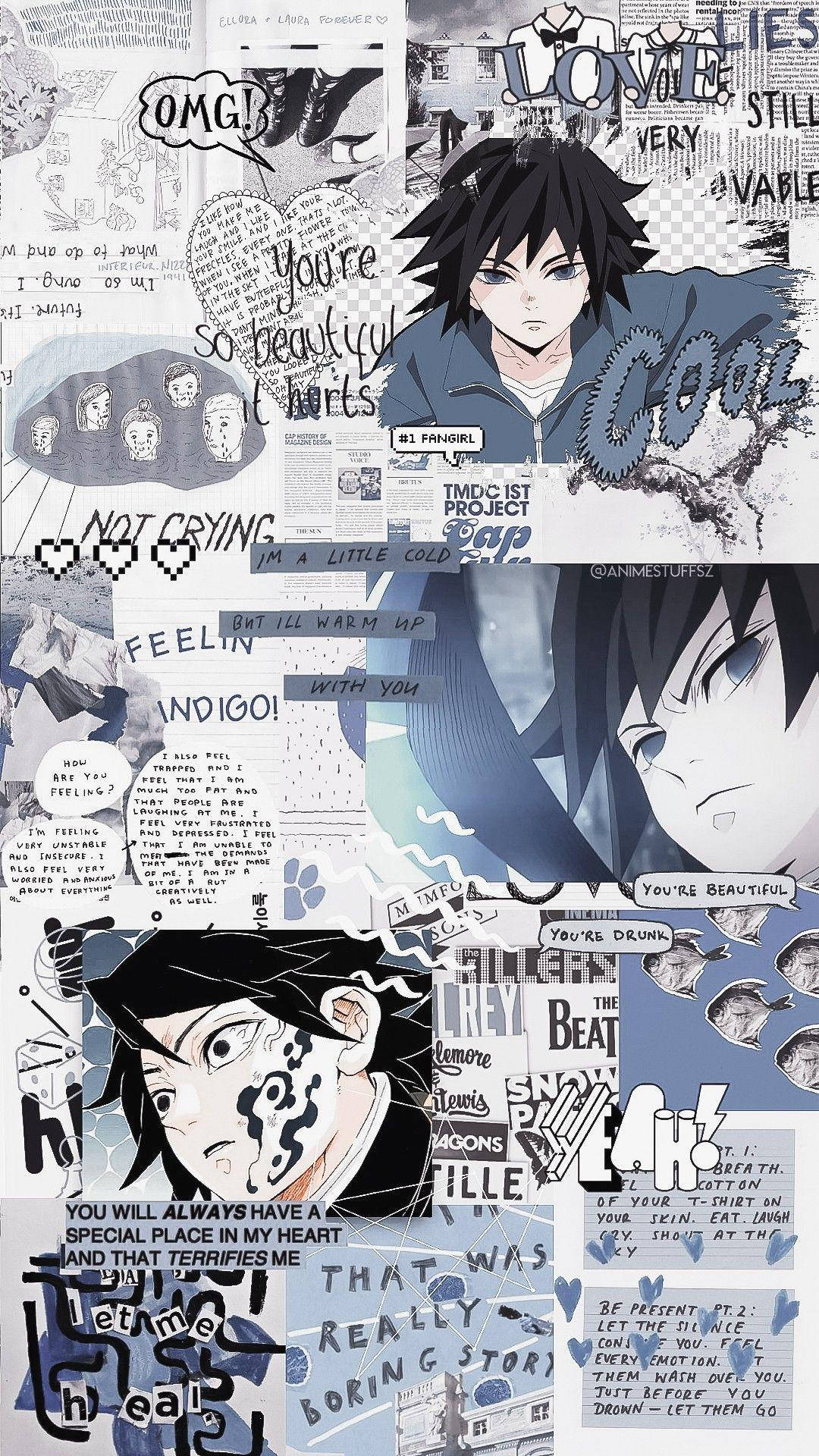 Demon Slayer Aesthetic 桌布 壁紙 — 一幅動態動漫拼貼畫，以中央角色為特色，周圍環繞著富有表現力的對話氣泡和單色調的粉絲藝術元素。