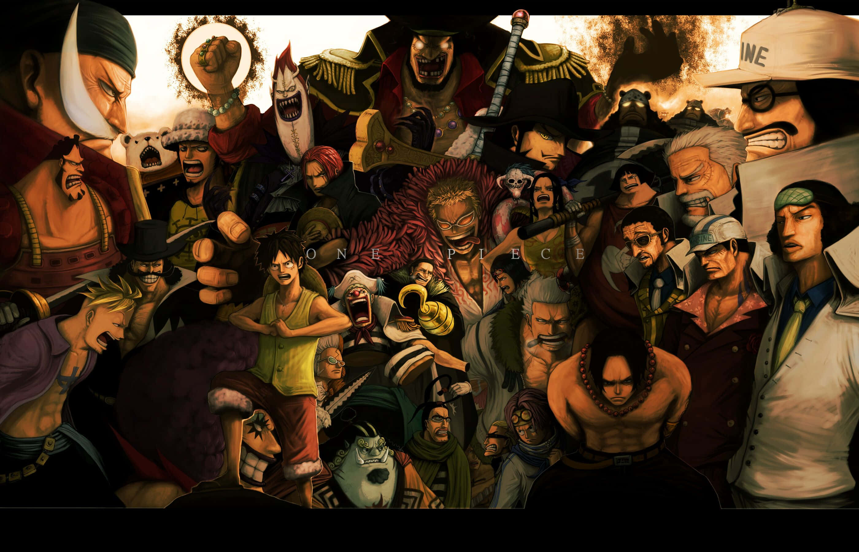 Impel Down 桌布 壁紙 — 一幅動態動漫拼貼畫，描繪《航海王》船員在熾熱背景下的激烈戰鬥姿勢。