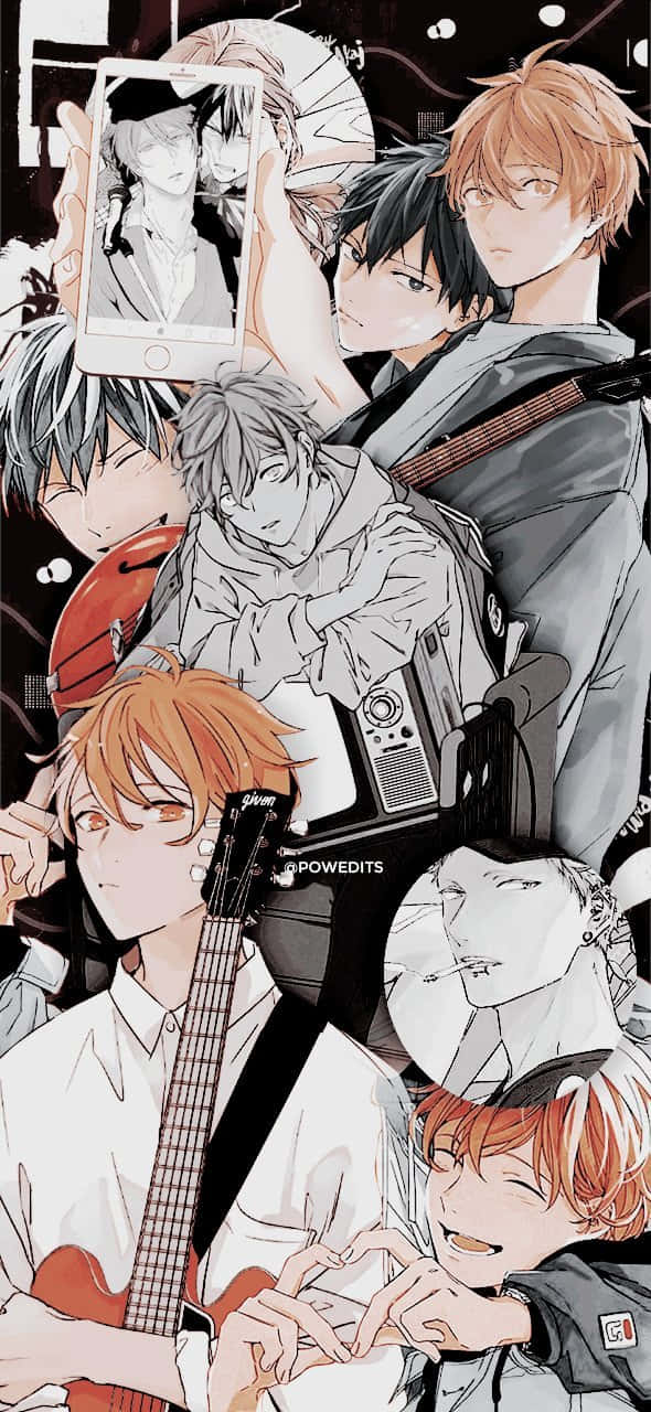 Anime Collage 桌布 壁紙 — 一幅動態動漫拼貼畫，描繪年輕男子手持吉他和電話，採用單色與彩色混合風格。