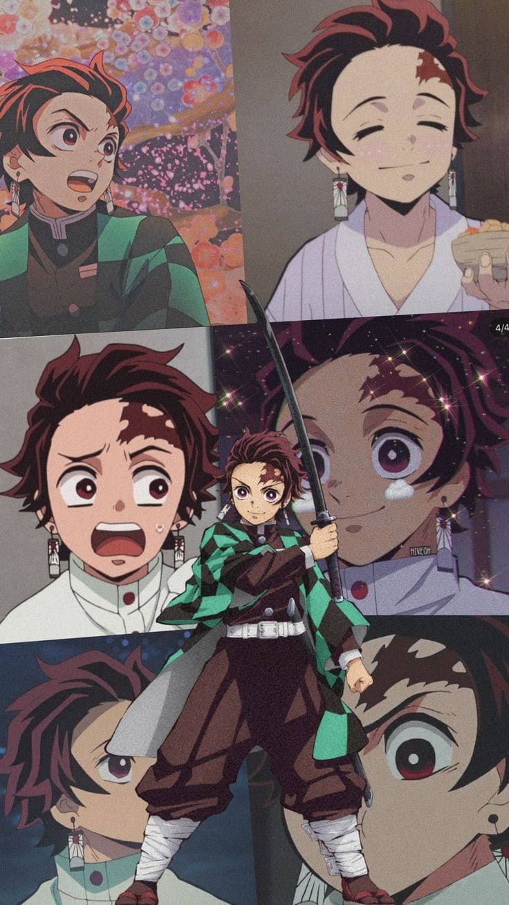 Demon Slayer Aesthetic 桌布 壁紙 — 一幅動態動漫拼貼畫，描繪竈門炭治郎在櫻花背景下以各種富有表現力的姿勢揮舞他的劍。