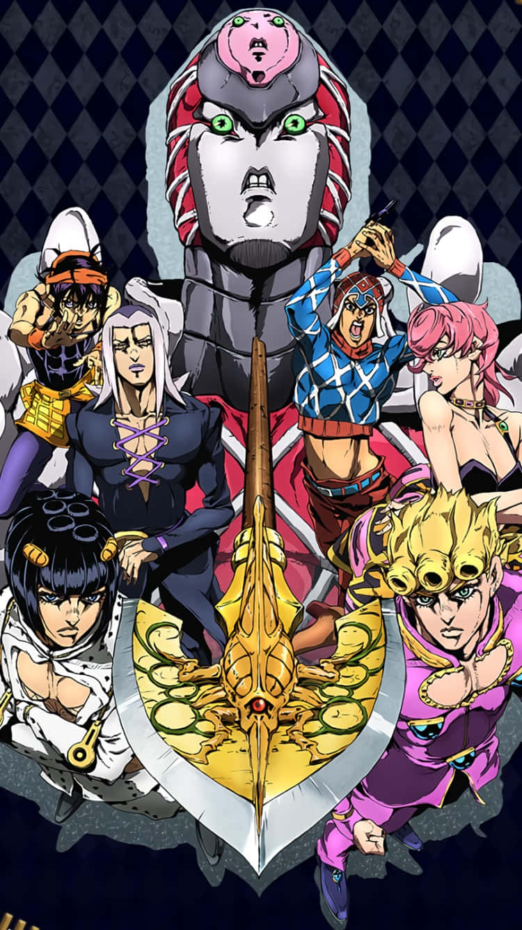 Jojo's Bizarre Adventure 桌布 壁紙 — 一幅動態動漫插圖，七個風格化的角色圍繞著一把金色劍，背景有一個威脅性的巨大頭顱。