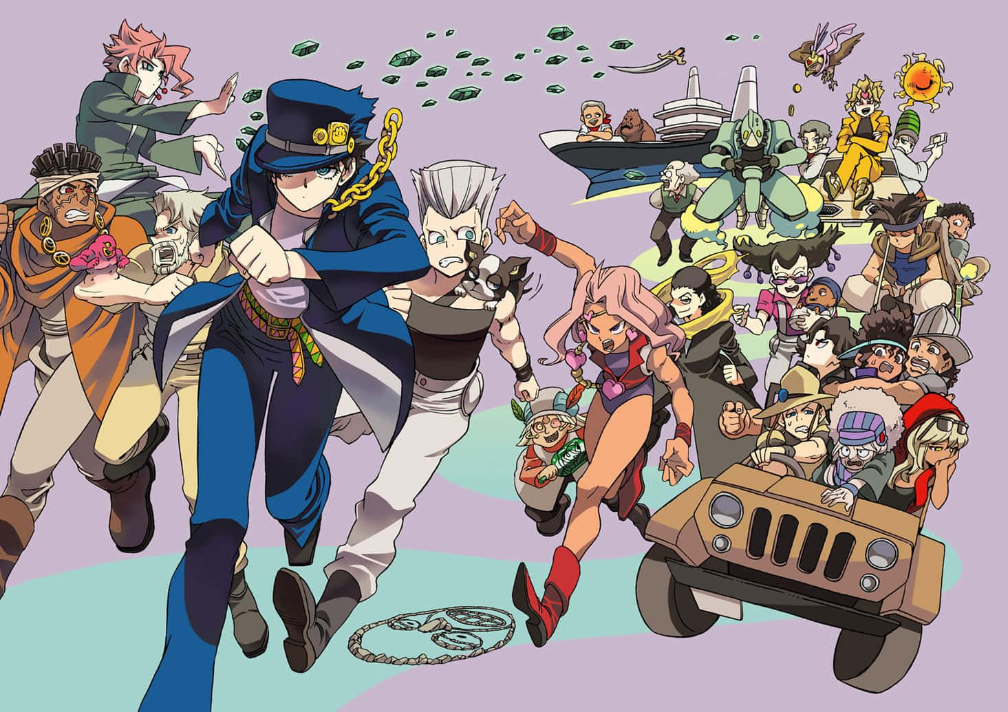 Jojo's Bizarre Adventure 桌布 壁紙 — 一幅動態動漫插圖，展示一大群不同角色在柔和的紫色背景上擺出動作姿勢。