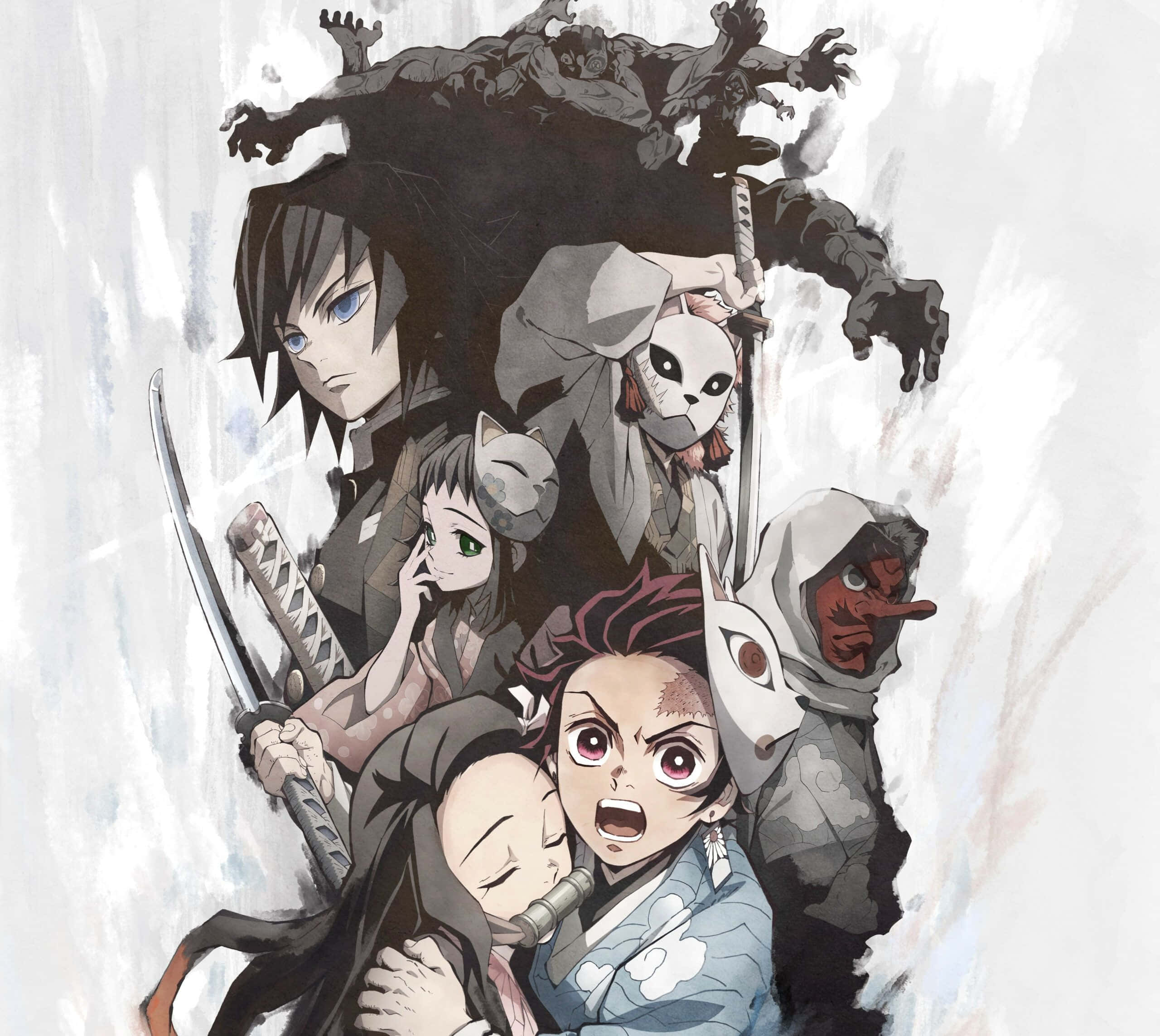 Demon Slayer iPad 桌布 壁紙 — 一幅動態動漫插圖，描繪《鬼滅之刃》角色以劍和面具擺出動作姿勢，背景為暴風雨般的灰色。