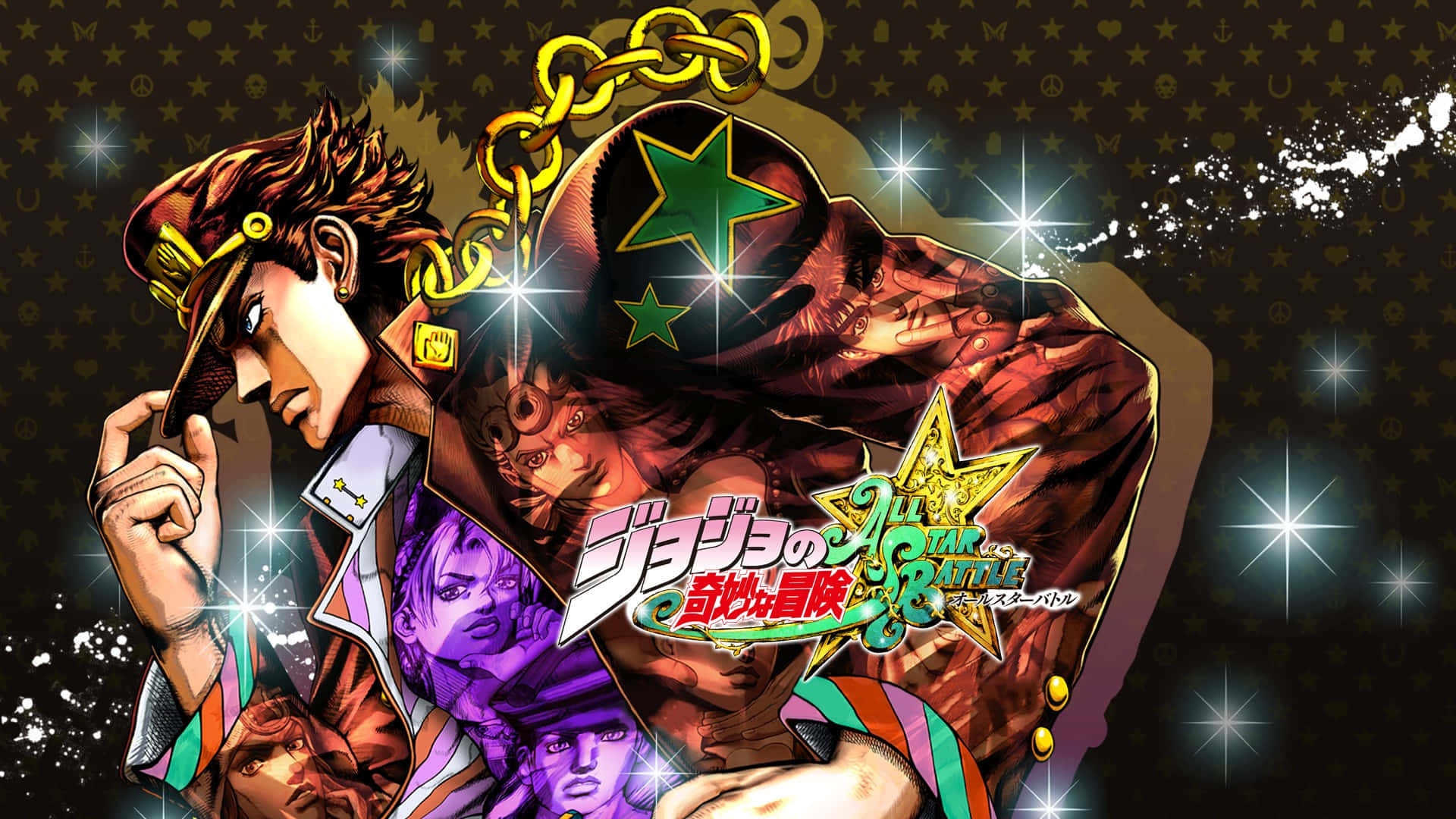 Jjba 桌布 壁紙 — 一幅動態動漫插圖，描繪JoJo的奇妙冒險角色，帶有星星圖案和閃爍效果，背景為圖案背景。