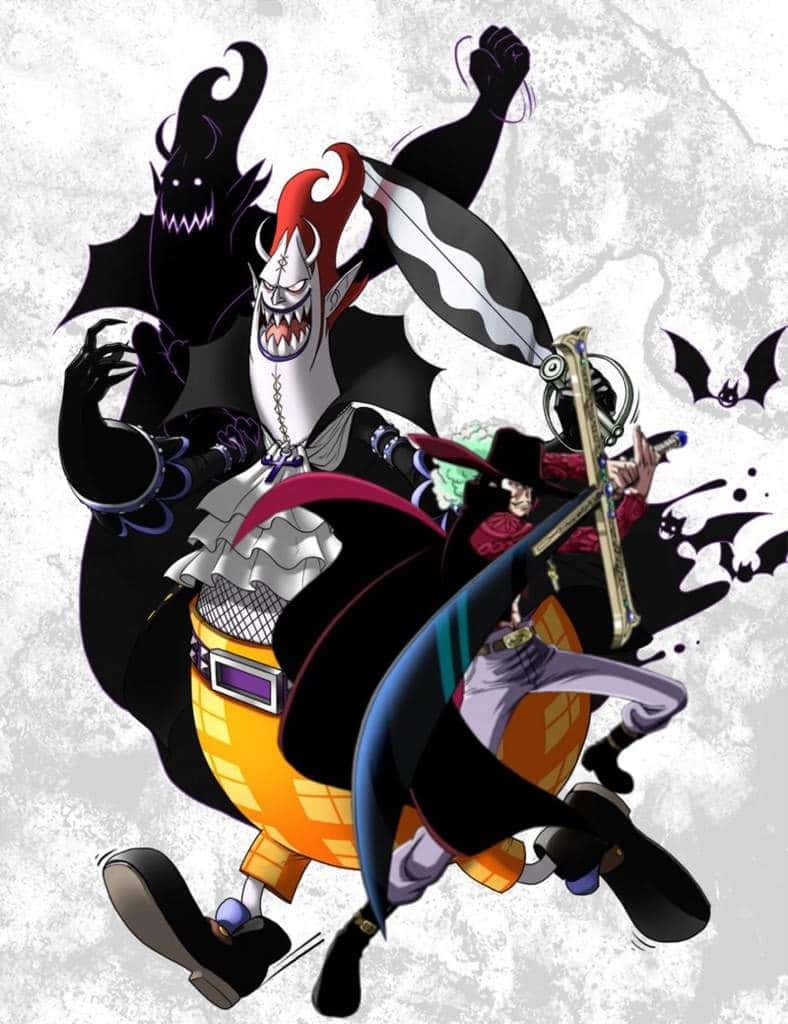 gecko moria 桌布 壁紙 — 一幅動態動漫插圖，描繪一個帶有蝙蝠的威脅性吸血鬼般海盜和一個劍客在紋理灰色背景上進行激烈戰鬥。
