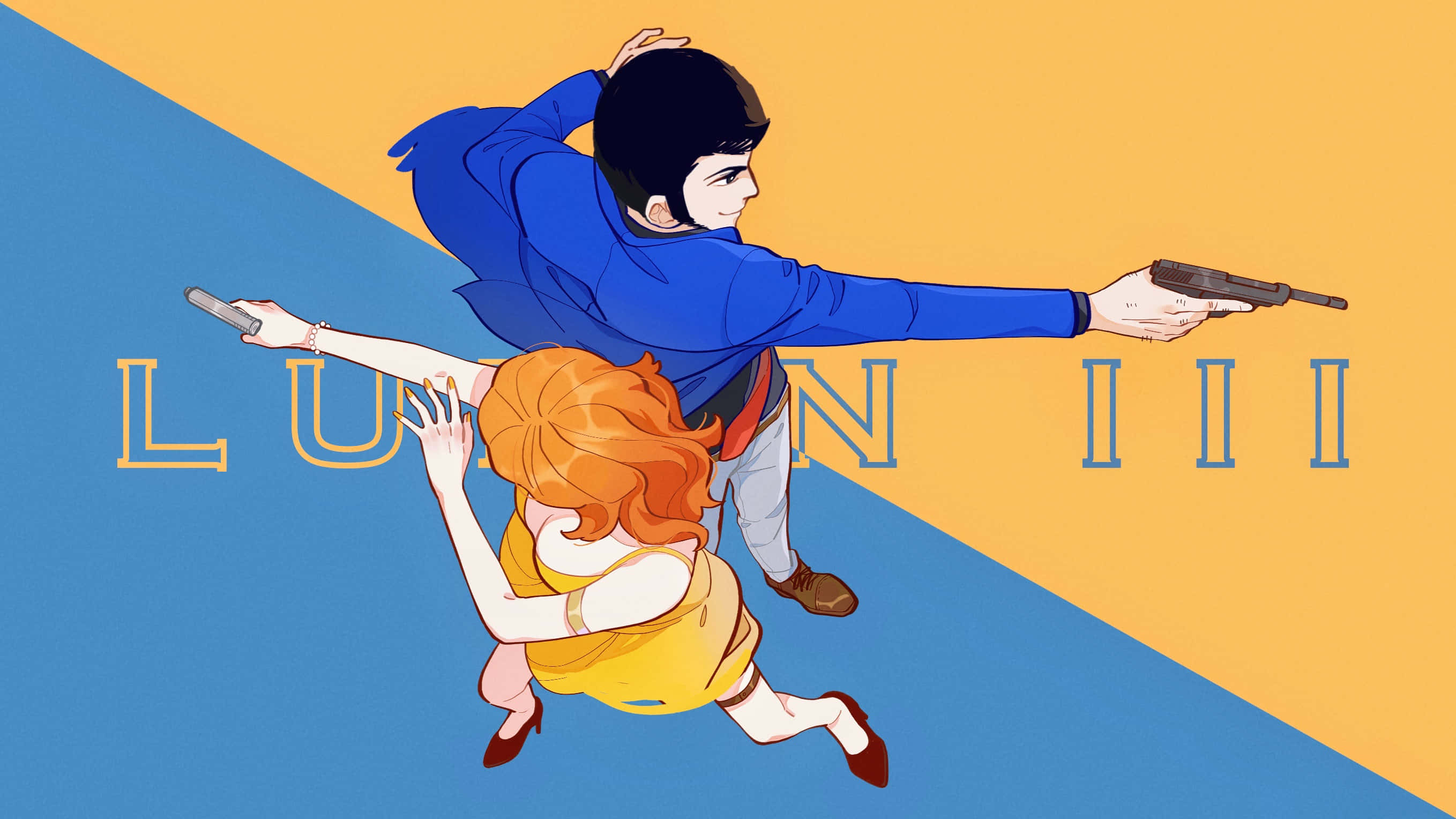 lupin iii 桌布 壁紙 — 一幅動態動漫插圖，描繪一男一女在搶眼的藍黃對角背景前擺出動作姿勢。