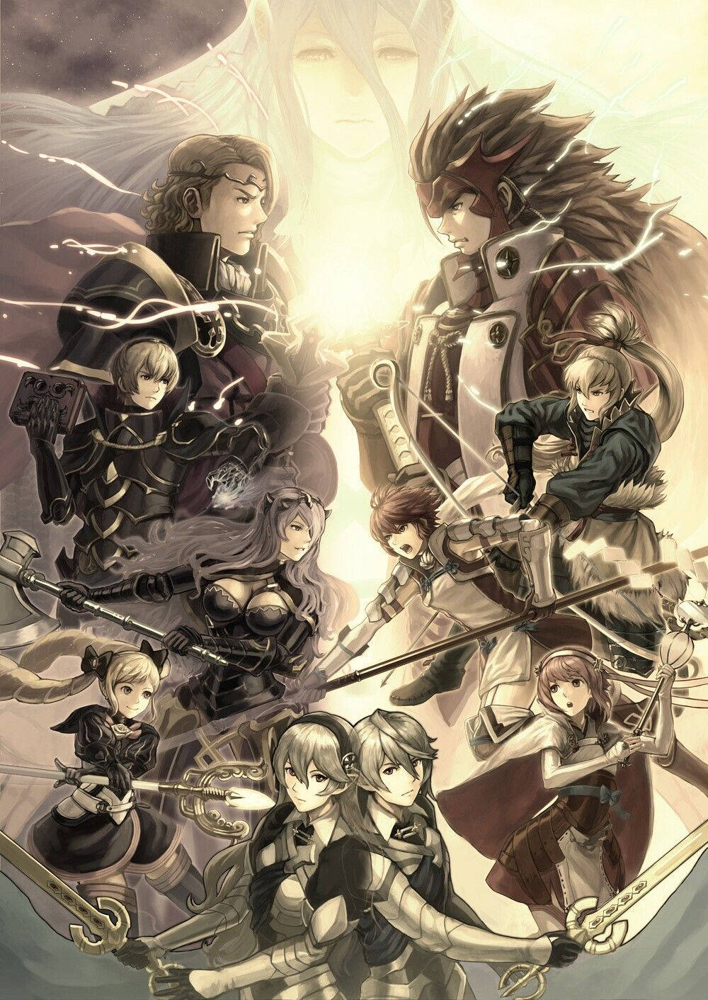 動漫角色身穿戰鬥裝備，在奇幻場景中揮劍。 — Fire Emblem Warriors 壁紙