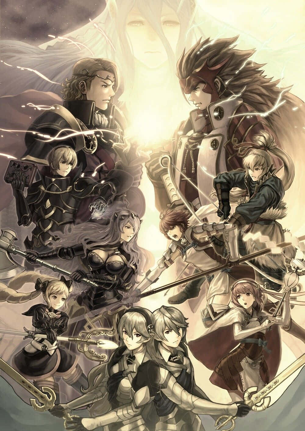九名身穿盔甲的動漫戰士在奇幻戰鬥場景中手持劍。 — Fire Emblem Warriors 壁紙