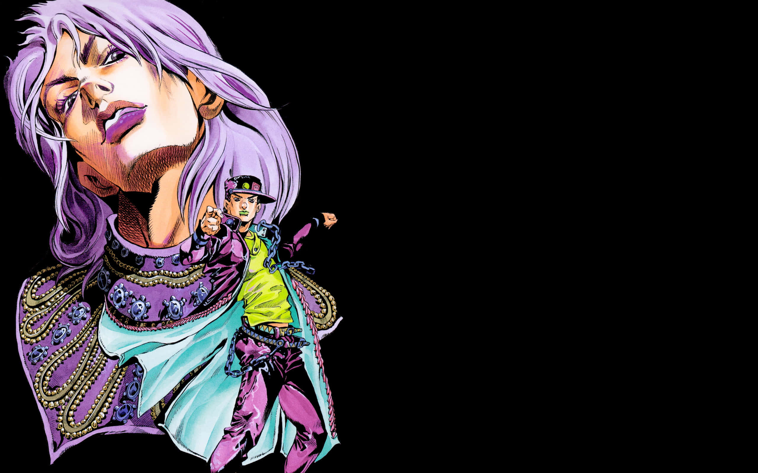 Jotaro Kujo 桌布 壁紙 — 一幅動態動漫插圖，描繪兩個角色，一個有紫色頭髮和華麗服飾，另一個戴著帽子穿著綠色襯衫，背景是純黑色。