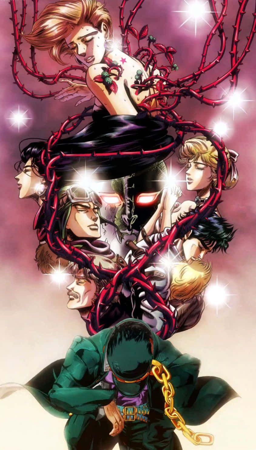 Jojo's 桌布 壁紙 — 一幅動態動漫插圖，描繪多個角色被發光的紅色荊棘藤蔓纏繞，背景是閃閃發光的粉紅色。