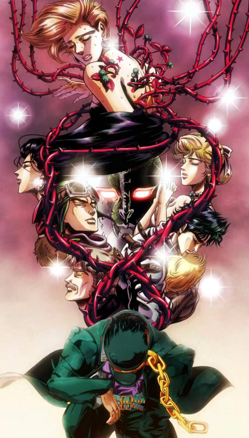 Jojo Phone 桌布 壁紙 — 一幅動態動漫插圖，描繪多個角色被發光的紅色荊棘藤蔓纏繞，背景是閃閃發光的粉紅色。