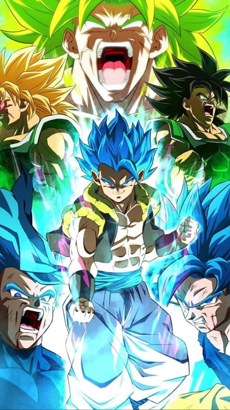 Vegeta And Broly 桌布 壁紙 — 一幅動態動漫插圖，描繪悟空以多種力量形態在充滿活力的綠色和藍色背景下咆哮能量。