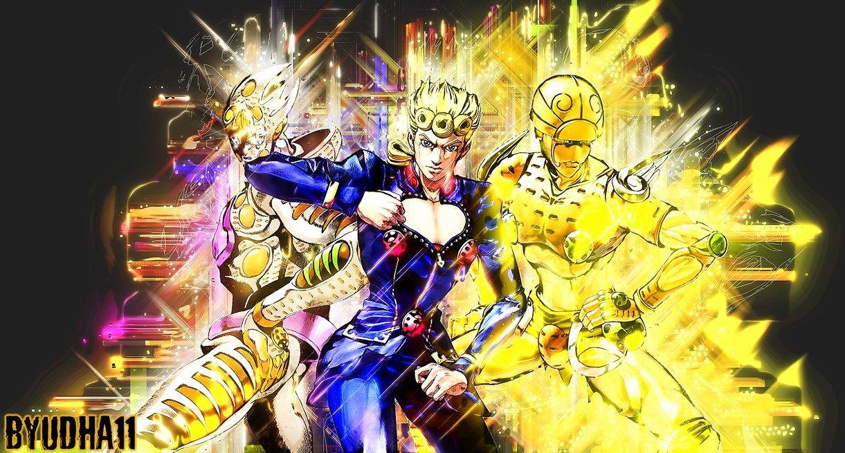 Giorno 桌布 壁紙 — 一幅動態動漫插圖，描繪金髮主角身穿藍色服裝揮舞武器，兩側有金色裝甲盟友，背景是發光的霓虹城市景觀。