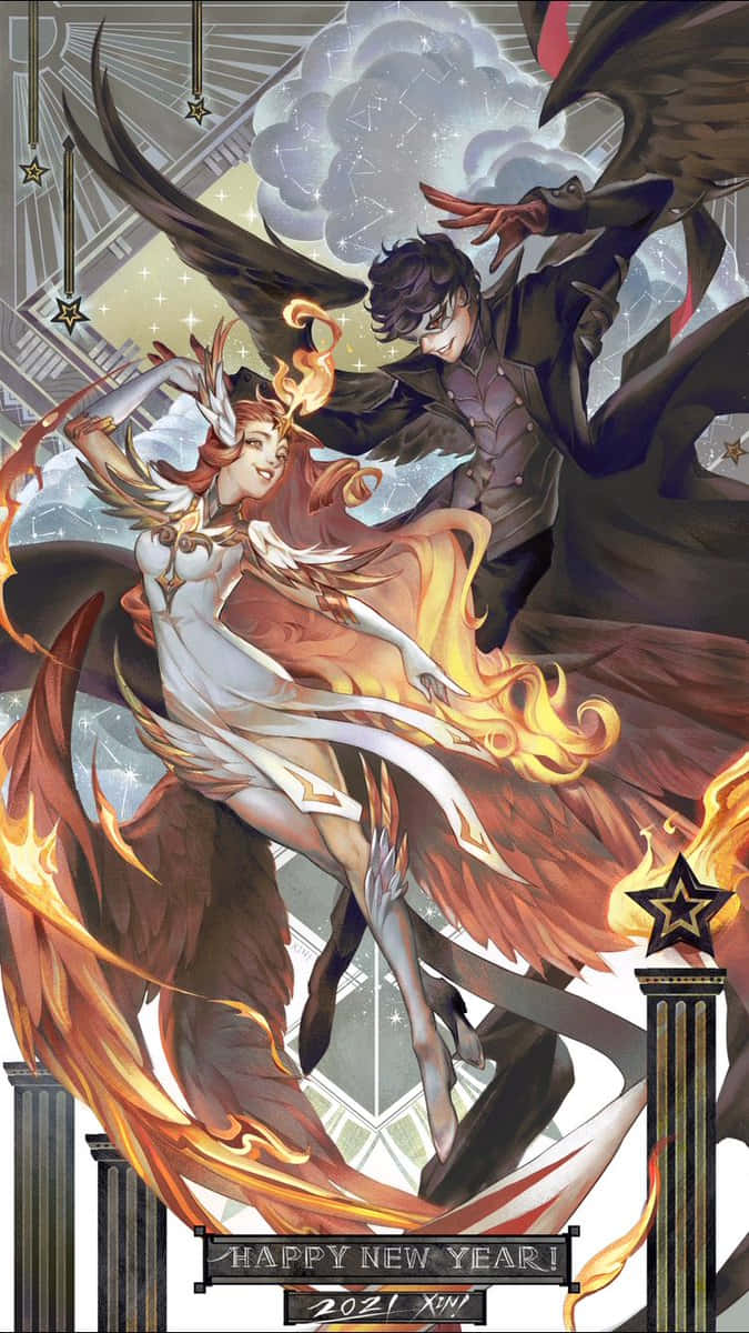 Afk Arena 桌布 壁紙 — 一幅動態動漫風格插圖，描繪一位火翼女性和一位暗翼男性在星空和柱子背景下戲劇性地移動，並帶有「Happy New Year 2021」文字。