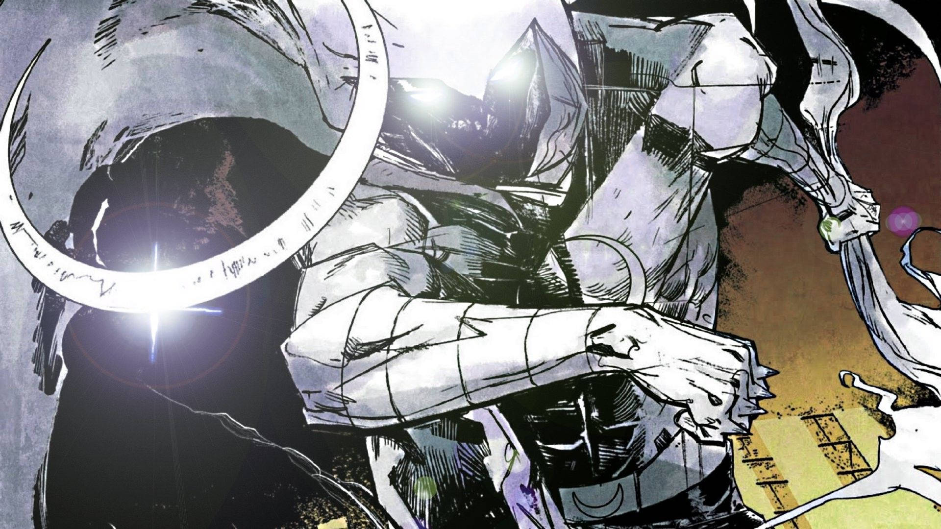 Moon Knight 桌布 壁紙 — 一幅動態動漫風格插圖，描繪一個戴兜帽的人物在黑暗背景下揮舞著發光的彎月刀。