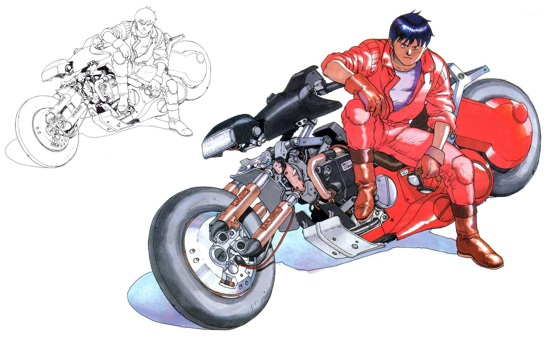  壁紙 — 一幅動態動漫風格插圖，描繪一名身穿紅色裝備的年輕男子騎著紅色摩托車，背景是同一場景的詳細草圖。
