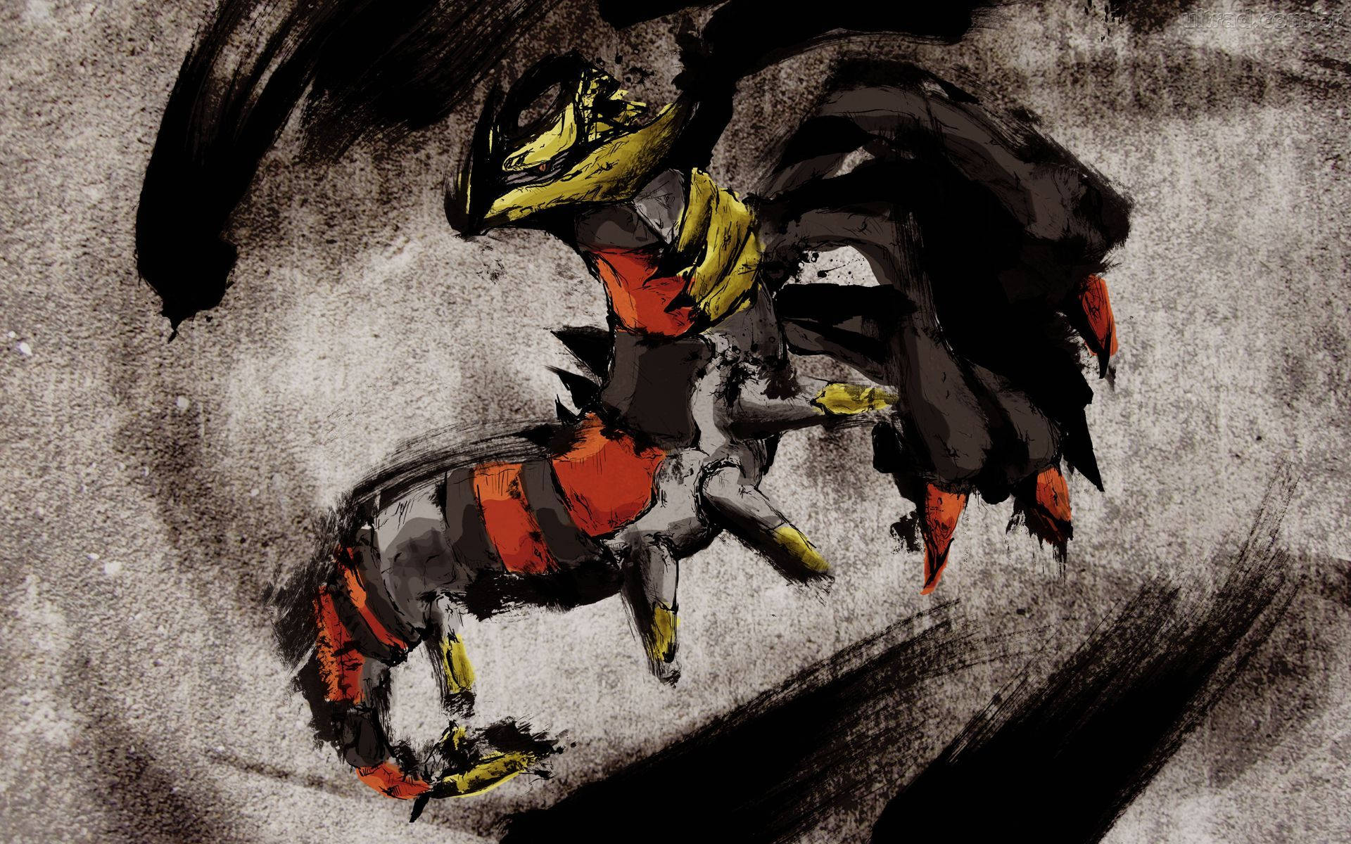 Giratina 桌布 壁紙 — 一幅動態動漫風格插圖，描繪一隻帶有黑色翅膀和橙黃色點綴的火焰狐狸般生物，背景為紋理灰色。