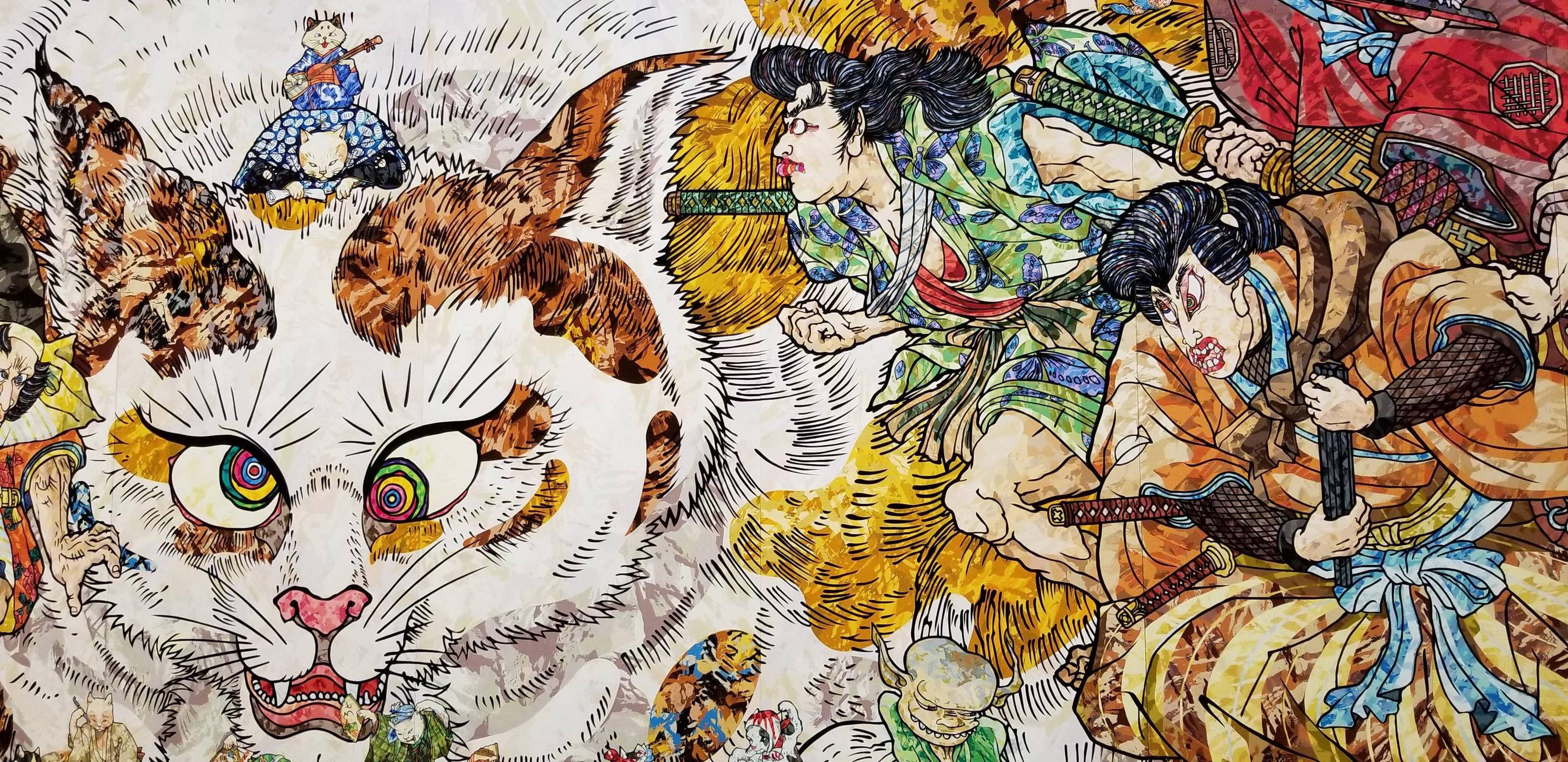 日式藝術 桌布 壁紙 — 一幅動態動漫風格插圖，描繪一隻擁有旋轉眼睛的巨貓和正在移動的武士。