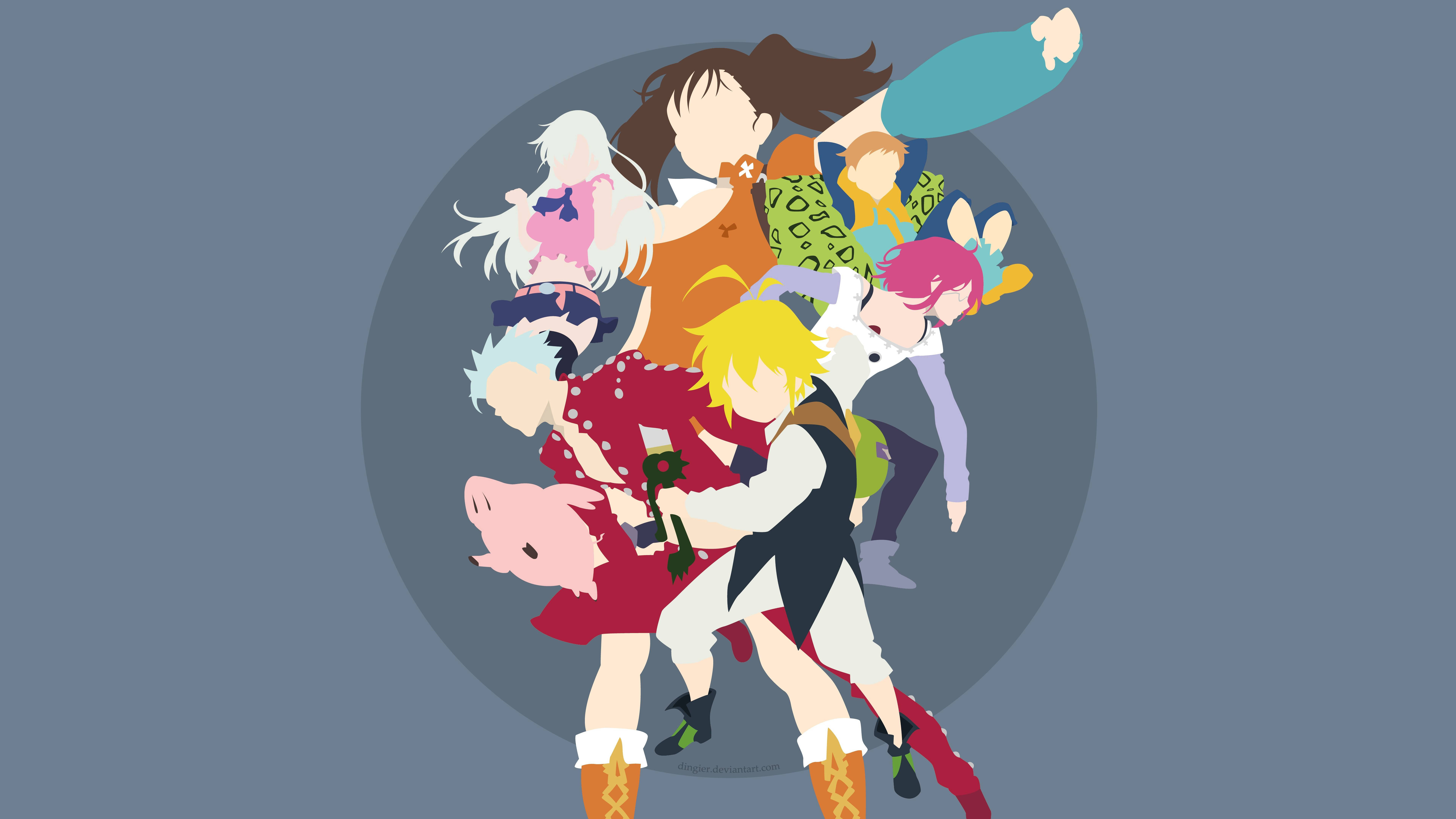 七大罪 桌布 壁紙 — 一幅動態動漫風格插圖，描繪七個色彩繽紛的角色在柔和灰色圓形背景前擺出動作姿勢。