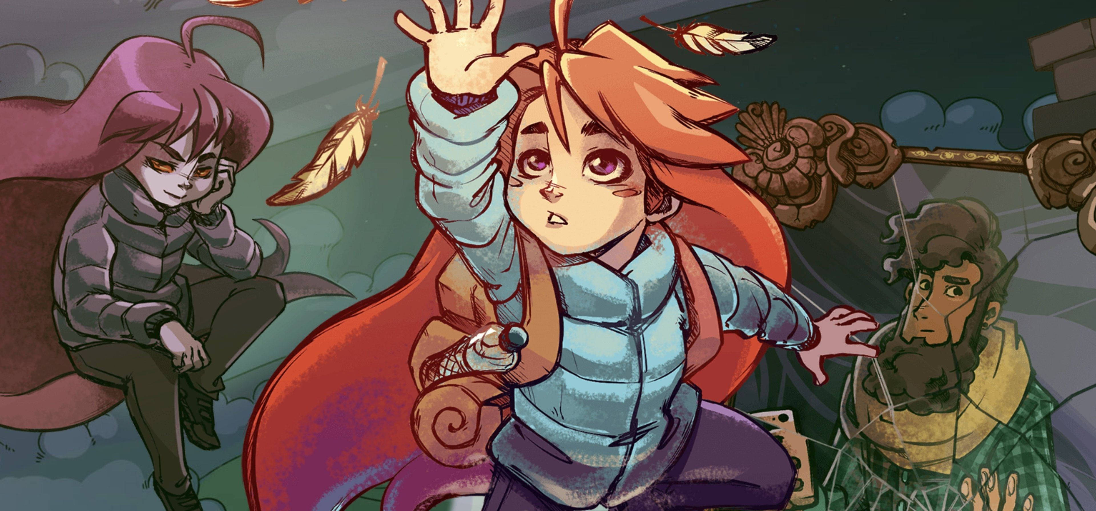 蔚藍 桌布 壁紙 — 一幅動態動漫風格插圖，描繪三個角色在神秘場景中，有漂浮的羽毛和華麗的建築。