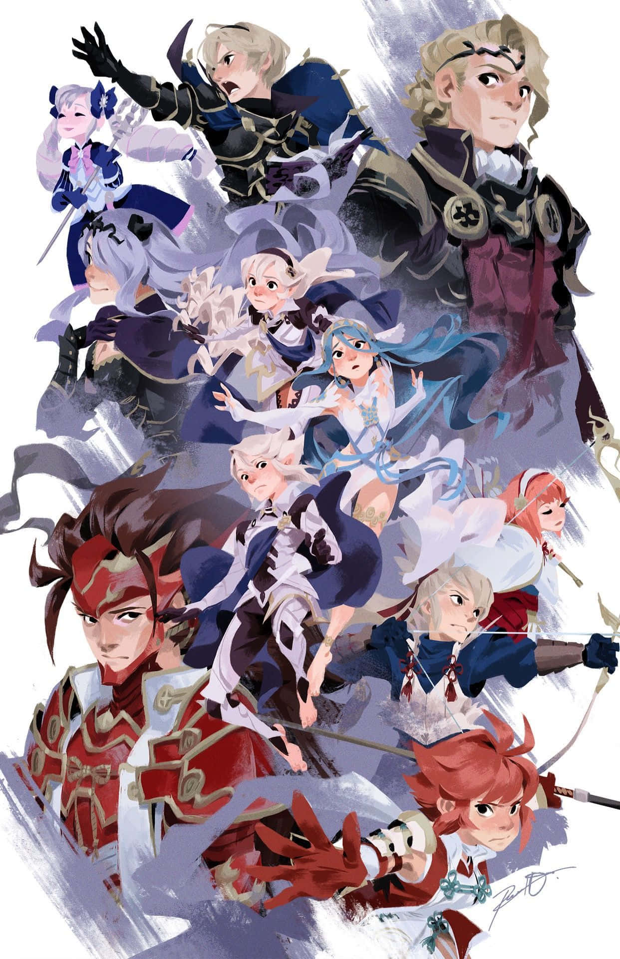 九個身穿奇幻盔甲的動漫角色，手持劍和弓，英勇地擺出姿勢。 — Fire Emblem Warriors 壁紙