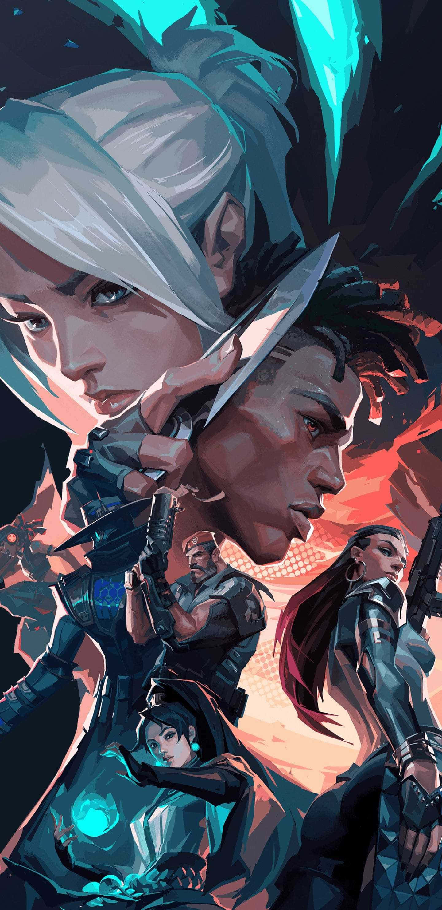 Game Art 桌布 壁紙 — 一幅動態動漫風格插圖，描繪多位身穿戰鬥裝備的戰士，帶有發光藍色點綴和火紅背景。