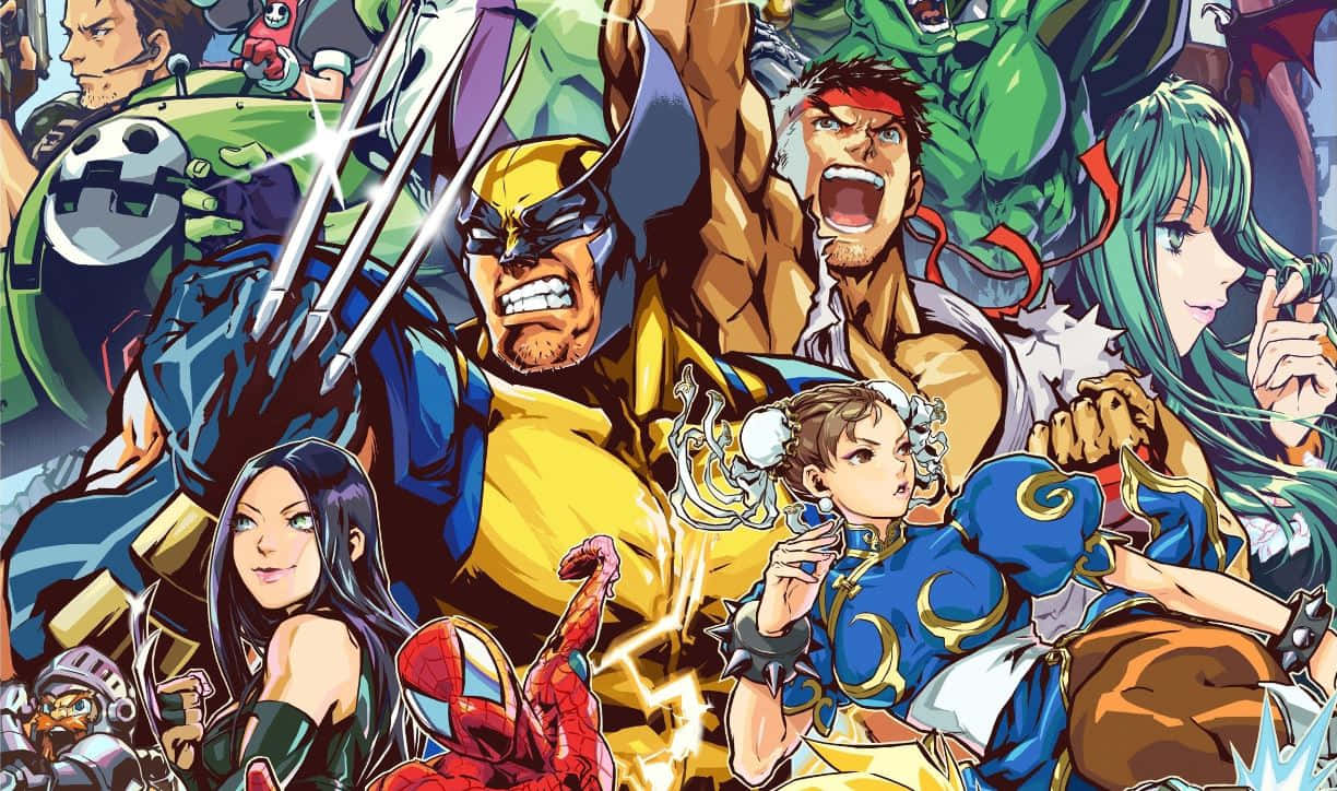 Marvel Vs Capcom Characters 桌布 壁紙 — 一幅動態動漫風格的拼貼畫，描繪標誌性漫畫英雄與反派在激烈動作中，色彩大膽且表情戲劇化。