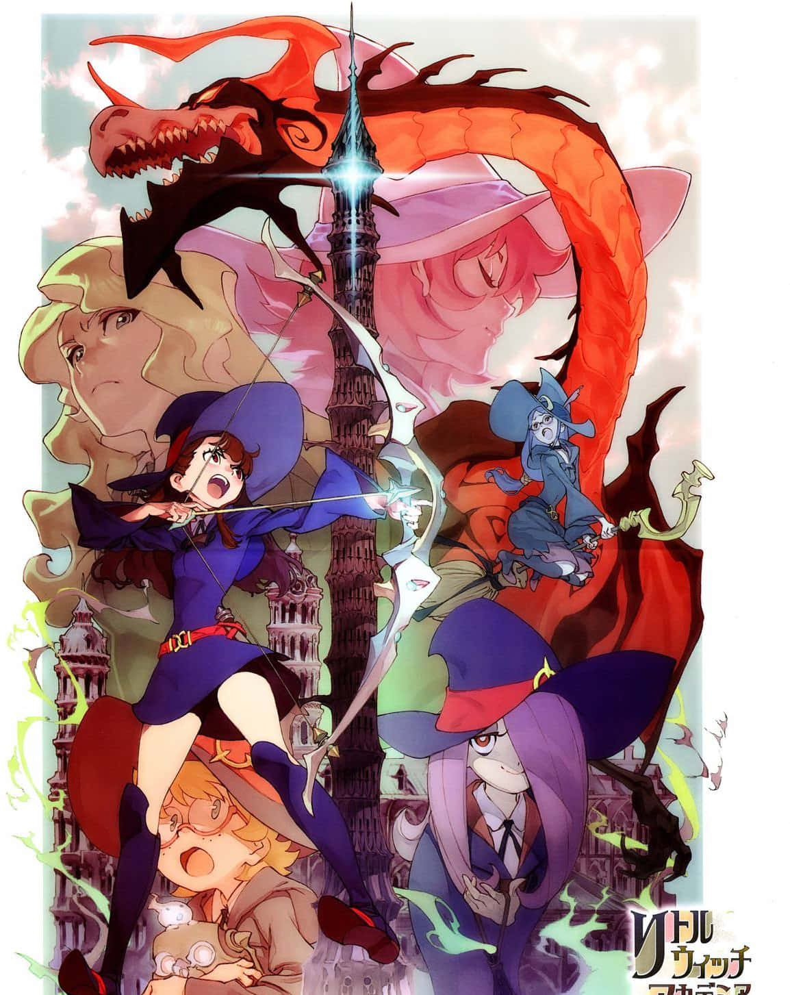 動漫女孩 桌布 壁紙 — 一幅動態動畫插圖，描繪年輕女巫在哥德式城市景觀上空與巨型紅龍戰鬥。