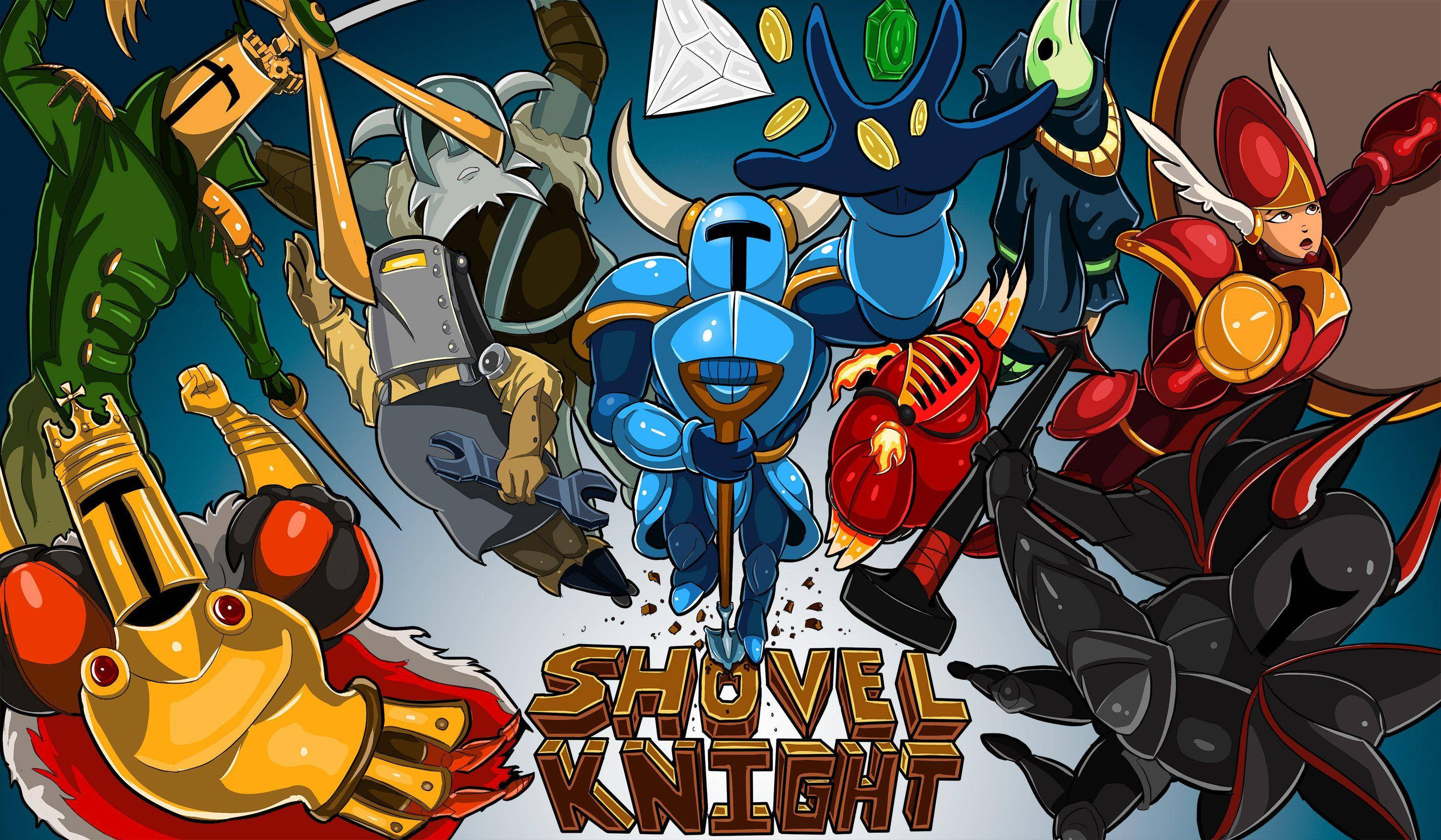 Shovel 桌布 壁紙 — 一幅動態卡通插圖，描繪鏟子騎士及其盟友身穿鮮豔盔甲，在深藍色背景上英勇擺姿勢。