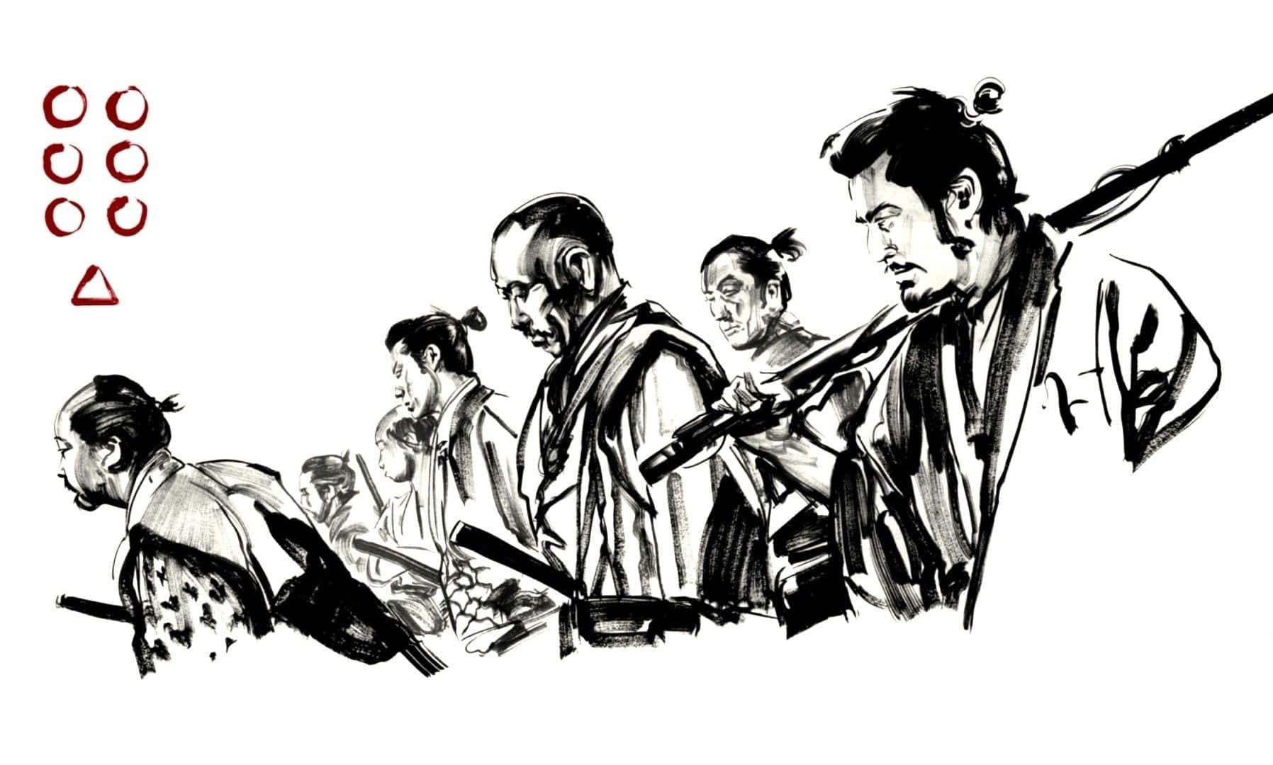 Black And White Samurai 桌布 壁紙 — 一幅動態墨水插圖，描繪武士戰士側面輪廓，手持出鞘的刀向前行進。