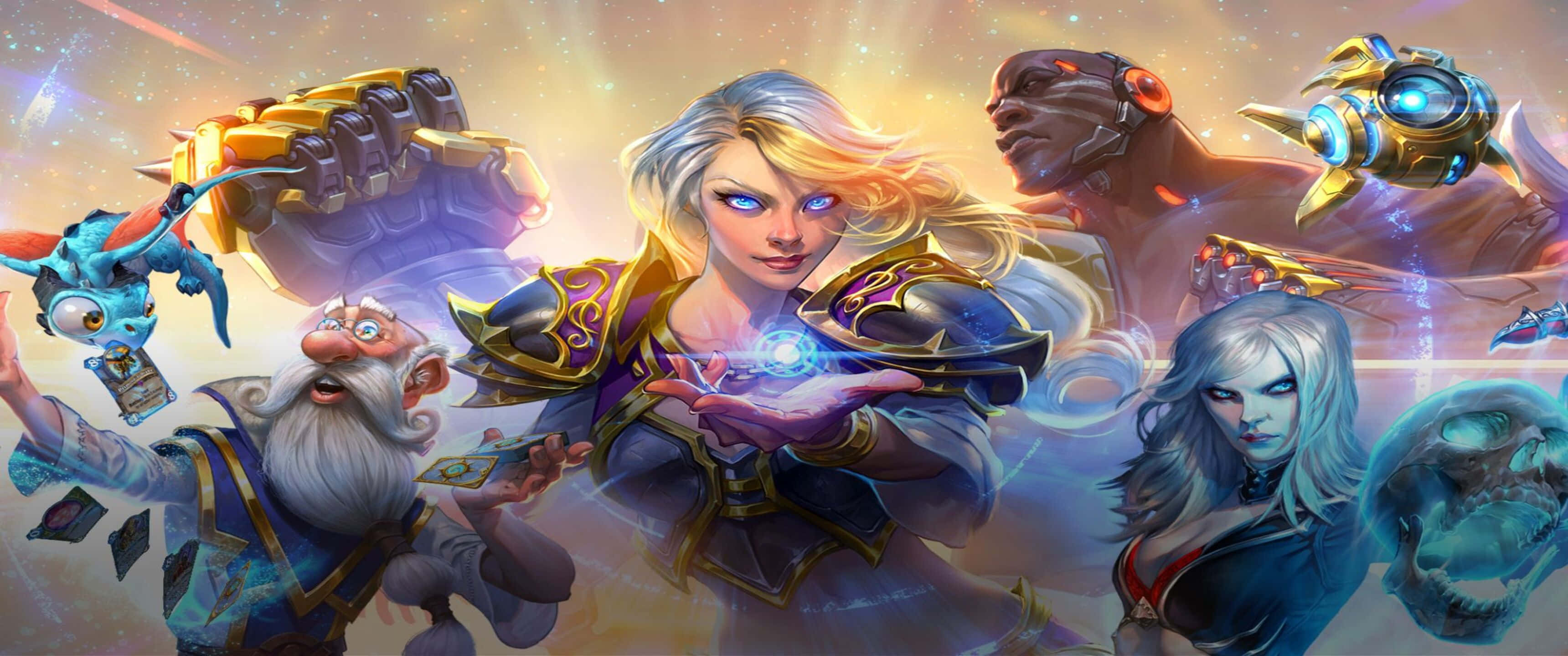 3440x1440p Hearthstone 桌布 壁紙 — 一幅動態奇幻插圖，以一位金髮女巫為中心，周圍環繞著各種角色，包括一位鬍鬚巫師、一個機器人形和一位黑髮女性，背景是宇宙發光的效果。